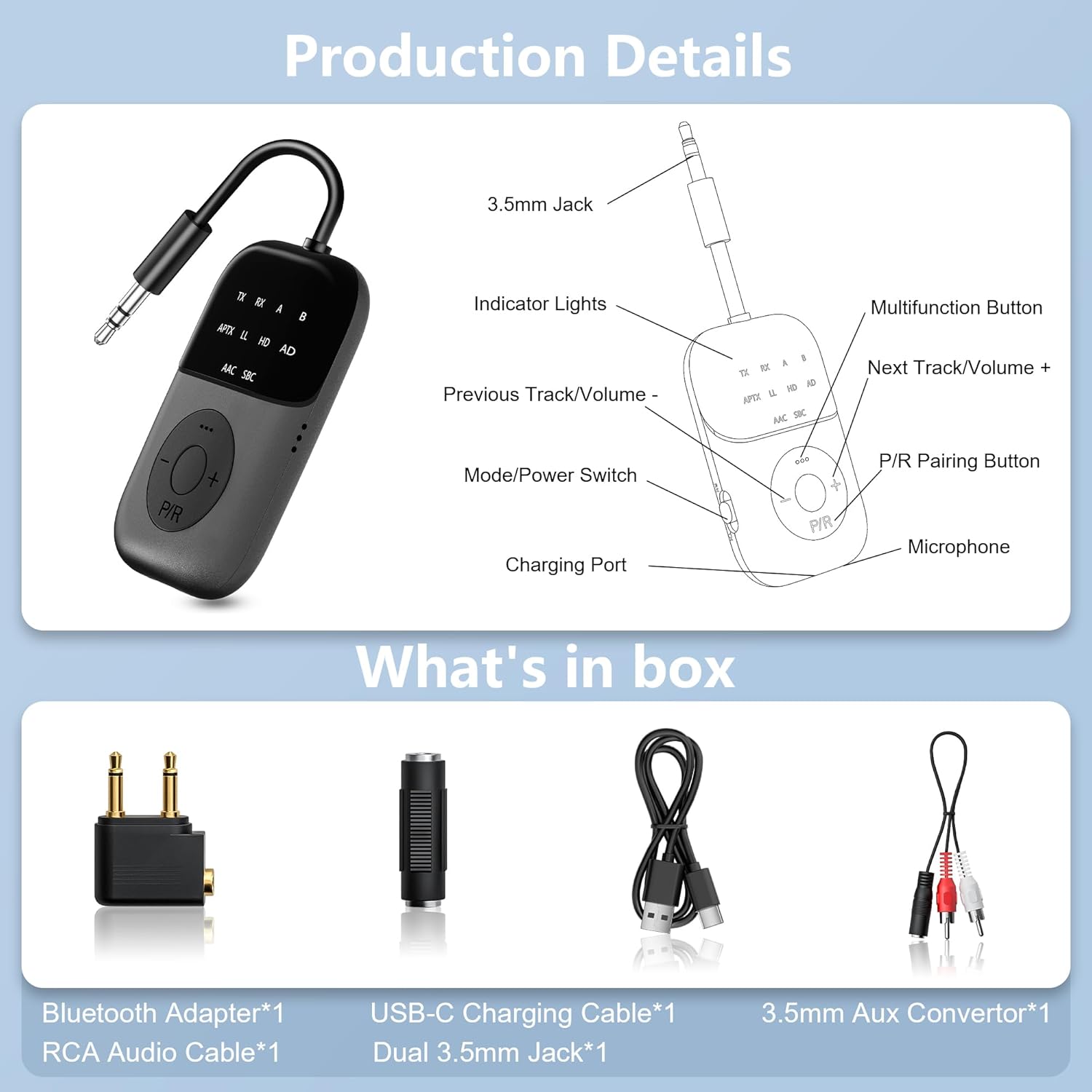 Bluetooth 5.4 Transmitter Receiver, 2-in-1 Airplane Bluetooth Adapter, Dual Headphones & 24H Battery Life for TV, Airplane, Car, Tablets, Wireless TV Headpset, Compatible with AirPods & aptX - Image 7