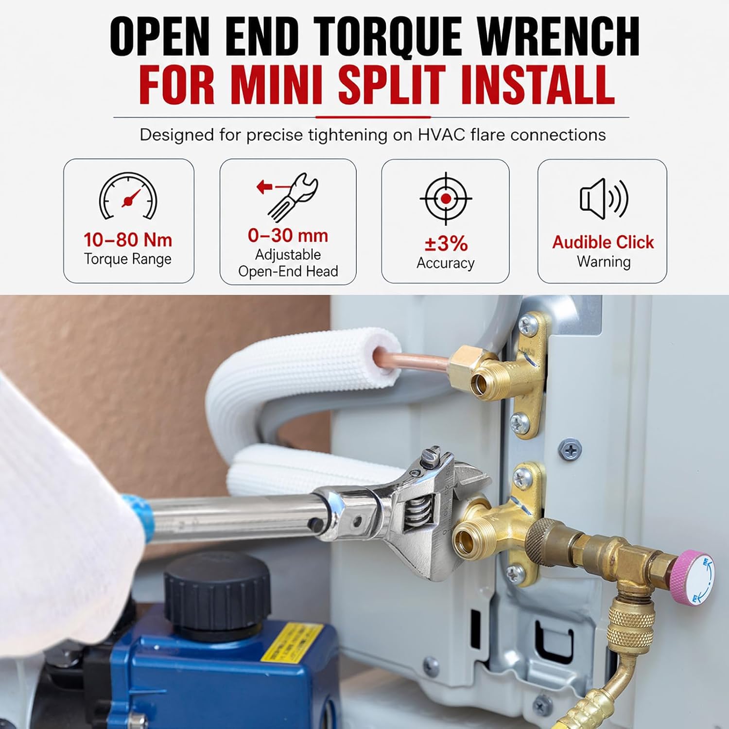 Adjustable Torque Wrench, 10 to 80 Nm 30mm Open End Torque Wrench with Click and Changeable Head for Hvac Mini Split and Refrigeration System - Image 2