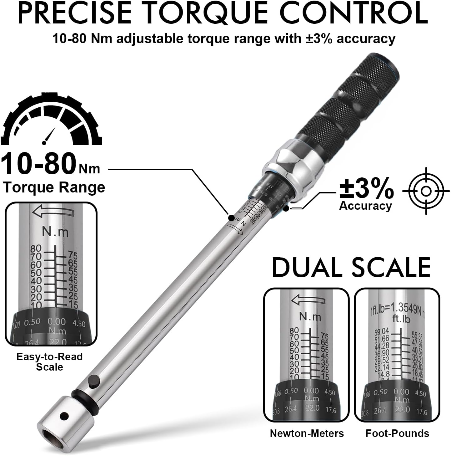 Adjustable Torque Wrench, 10 to 80 Nm 30mm Open End Torque Wrench with Click and Changeable Head for Hvac Mini Split and Refrigeration System - Image 3