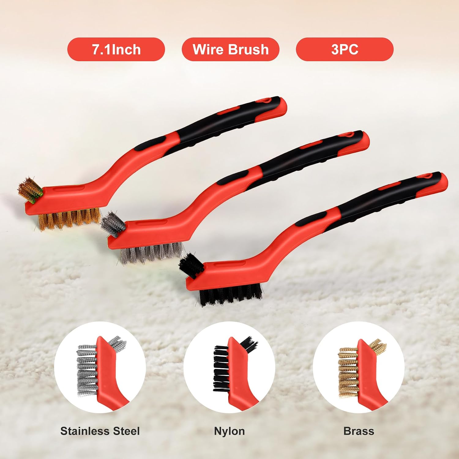 MAXMAN Wire Brush Set 3Pcs, Small Wire Brushes for Cleaning, Rust Remover, Scrub Brush, Detailing Brush, Metal Brush, Stainless Steel/ Brass/ Nylon Bristles Bristle Brush, Scratch Brush, (Red) - Image 5