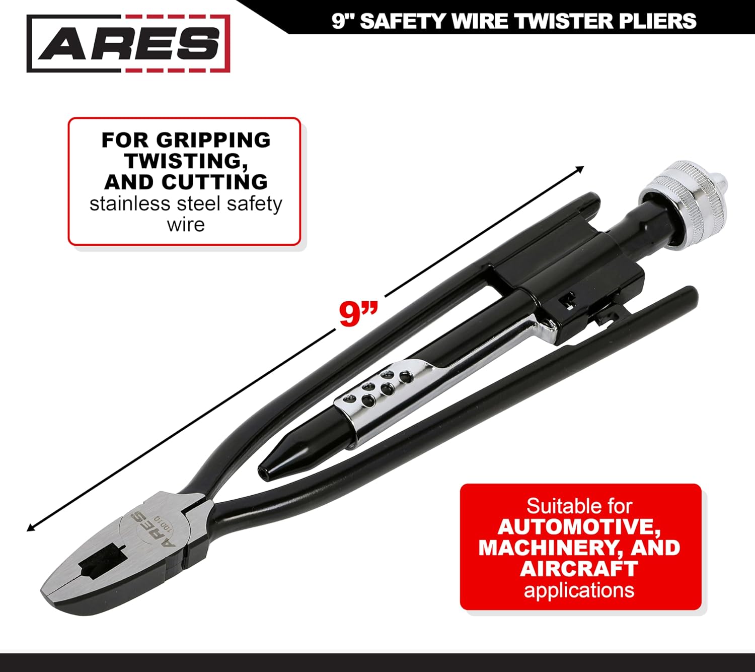 ARES 10010-9-Inch Safety Wire Twister Pliers – Durable Untwist Tool Grips, Twists, and Cuts Stainless Steel Safety Wire on Vehicles, Machinery, and Aircraft - Image 2