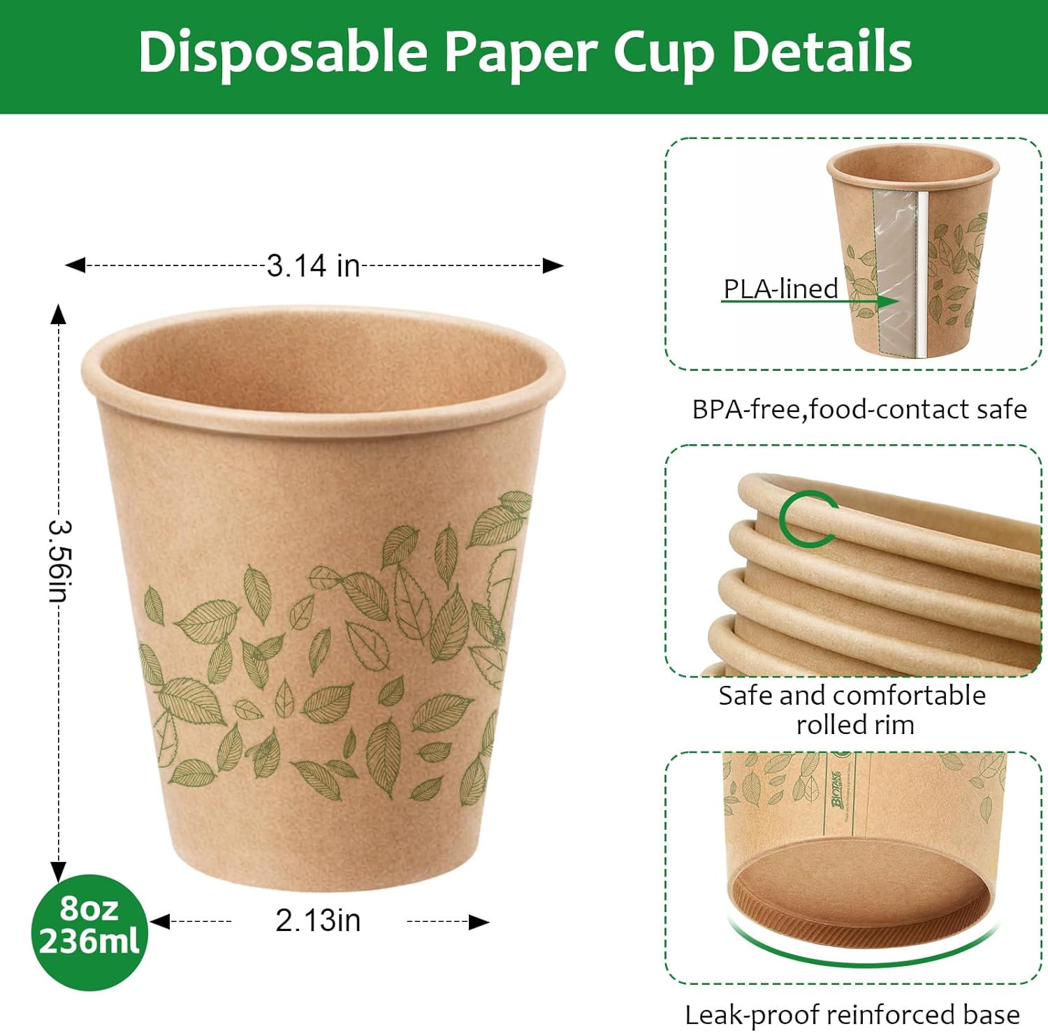 8oz 300Count Compostable Paper Cups, Plant-Based Disposable Coffee Cups with PLA Lining, Perfect for Hot & Cold Drinks, Coffee, Party, Office & Daily Use - Image 2