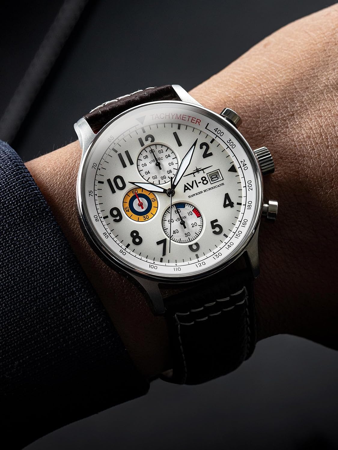 AVI-8 Hawker Hurricane Men's Pilot Watch – Classic Chronograph, Japanese Quartz Movement, Stainless Steel Case, Leather Strap, AV-4011 - Image 2