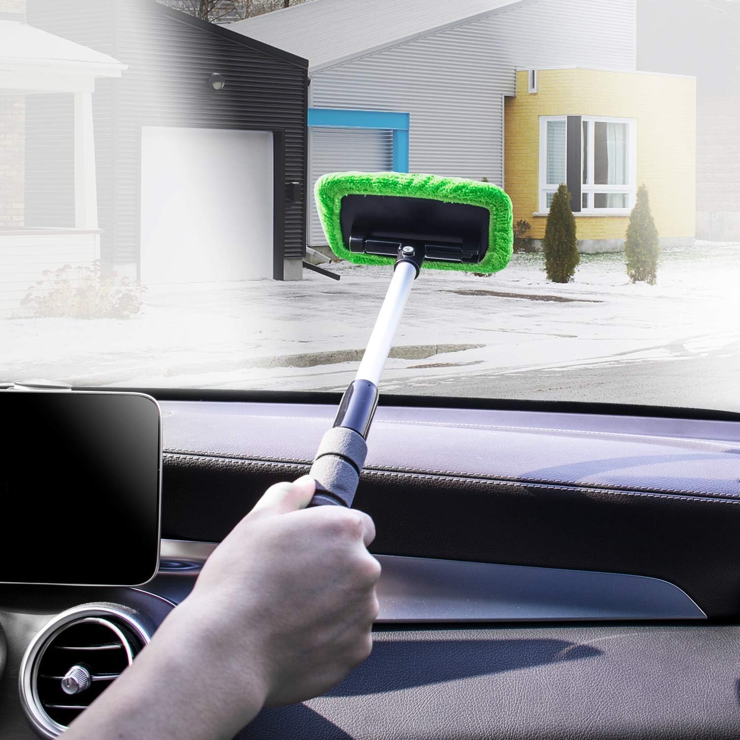 XINDELL Windshield Cleaner Tool – Car Window Cleaning Tool Extendable Handle for Easy Cleaning, 9pcs Reusable Microfiber Pads, Streak-Free Interior & Exterior Auto Glass Cleaner (Green) - Image 5