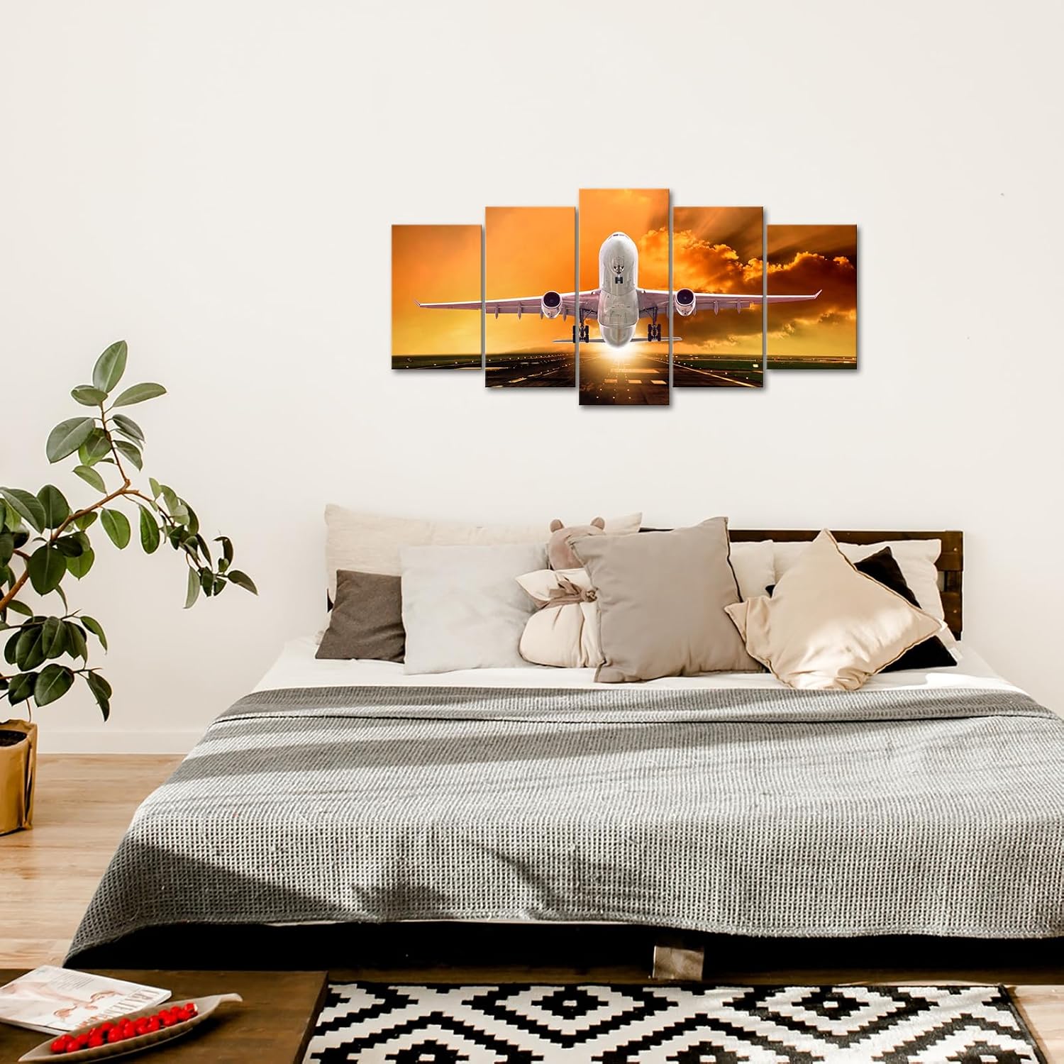 Muzenso 5 Panel Canvas Prints Airplane Sunset Wall Art Passenger Jet Taking Off Canvas Painting Aviation Artwork for Living Room Bedroom Office Pilot Studio Home Decor Stretched Ready to Hang - Image 4