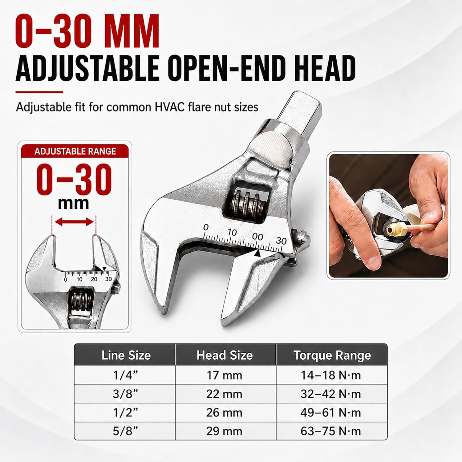 Adjustable Torque Wrench, 10 to 80 Nm 30mm Open End Torque Wrench with Click and Changeable Head for Hvac Mini Split and Refrigeration System - Image 4