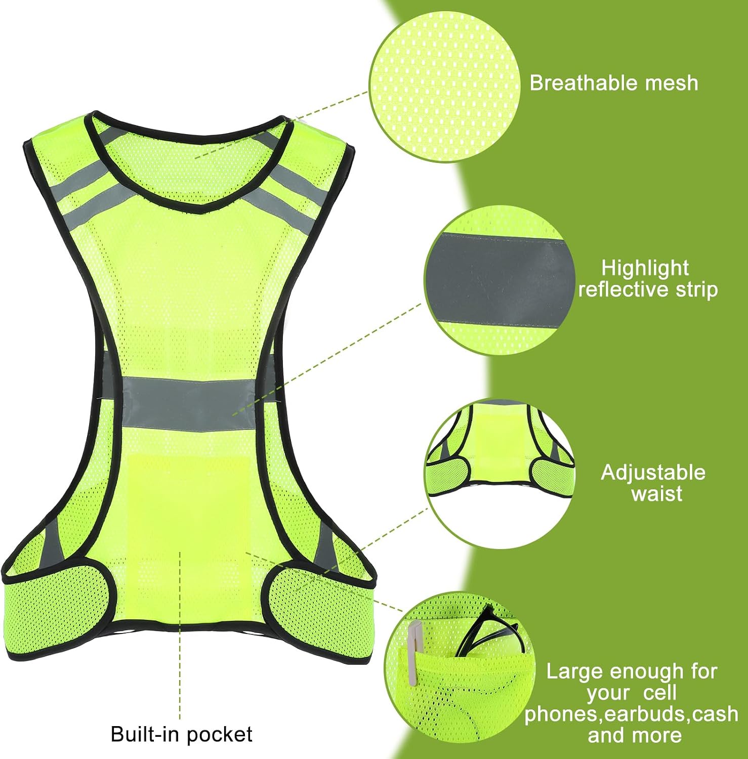 Ptwola Reflective Running Vest High Visibility Running Gear with Large Pocket Night Lightweight Reflective Safety Vest - Image 3