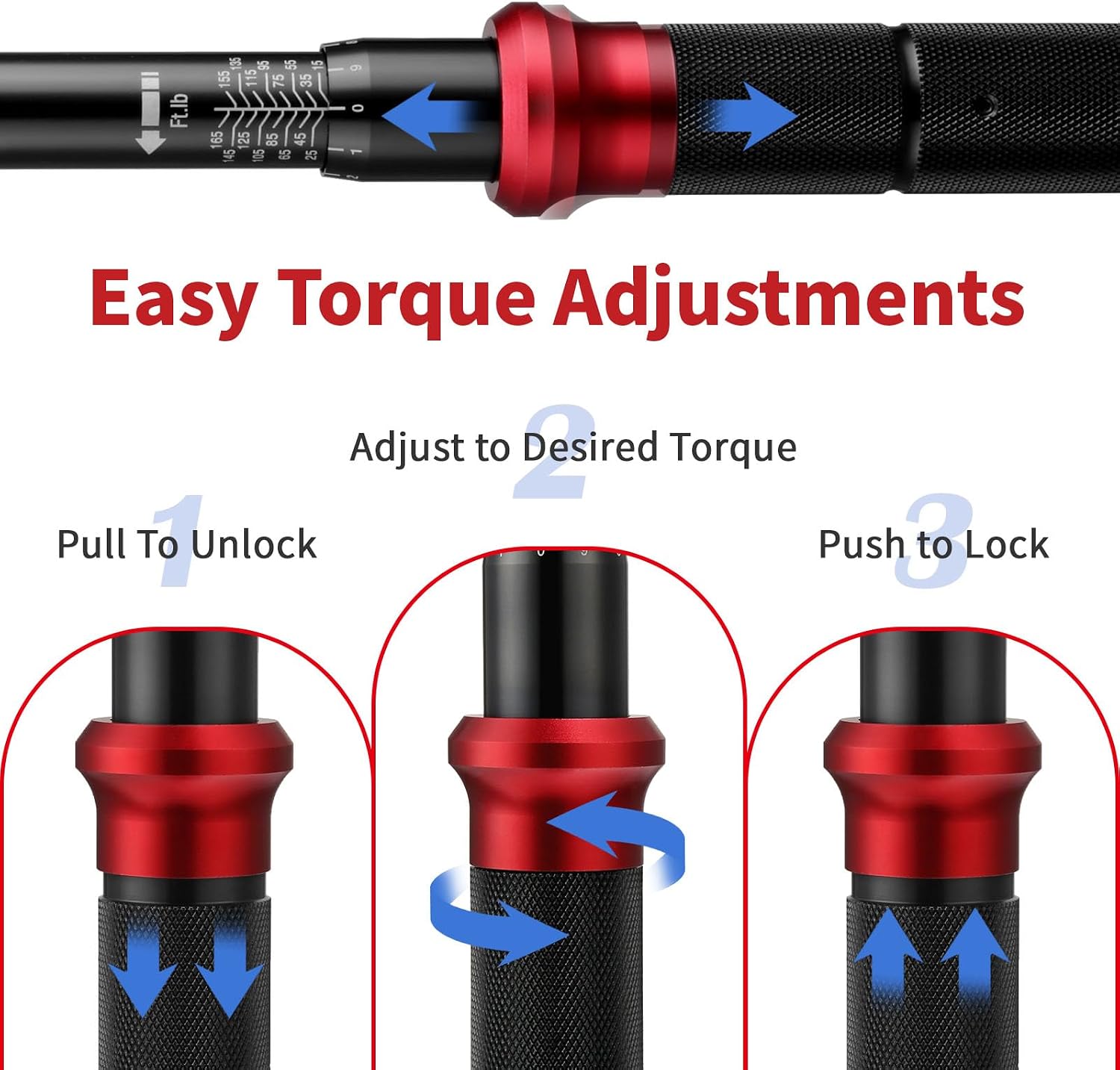 AEROFORCE 1/4 & 3/8 & 1/2-inch Drive Click Torque Wrench, 3Pcs Torque Wrench Set 4-20Ft.lb, 5-45Ft.lb, 15-165Ft.lb 72-Tooth Dual Scale for Bike, Moto, Car Repair - Image 4