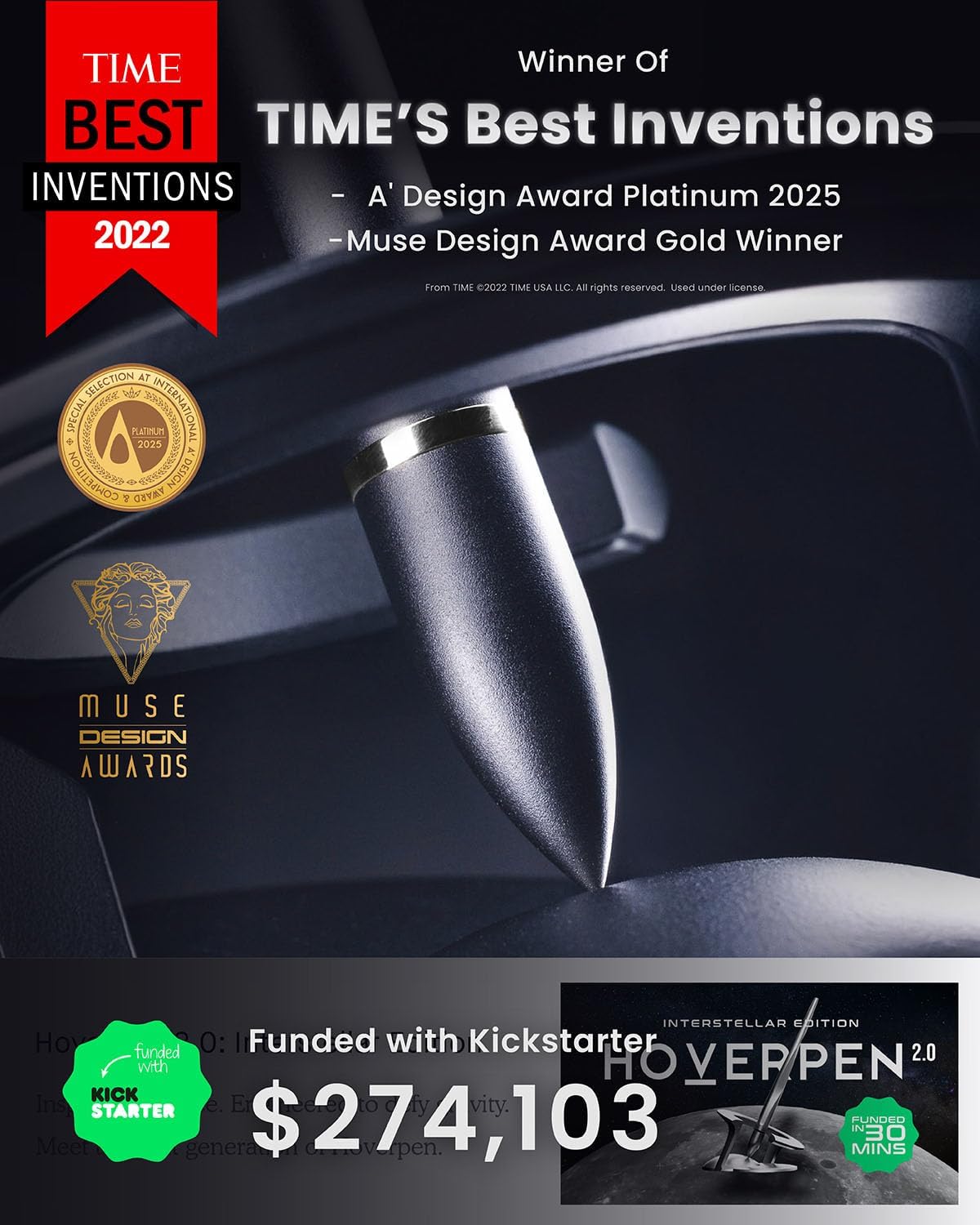 novium Hoverpen Interstellar - Space Black, Ballpoint Pen, 18K Gold-plated Pen Ring, 23.5 Degree Angle, Schmidt Ballpoint Refill, No Spills, No Spotting, No Explosions - Image 6