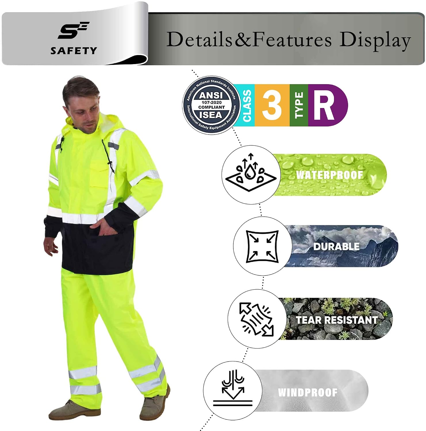 sesafety Hi Vis Rain Jacket, Rain Suits for Men Waterproof withBlack Bottom, Rain Coats for Men Interior Mesh, Class 3 HighVisibility Rain Gear,Removable Hood - Image 5