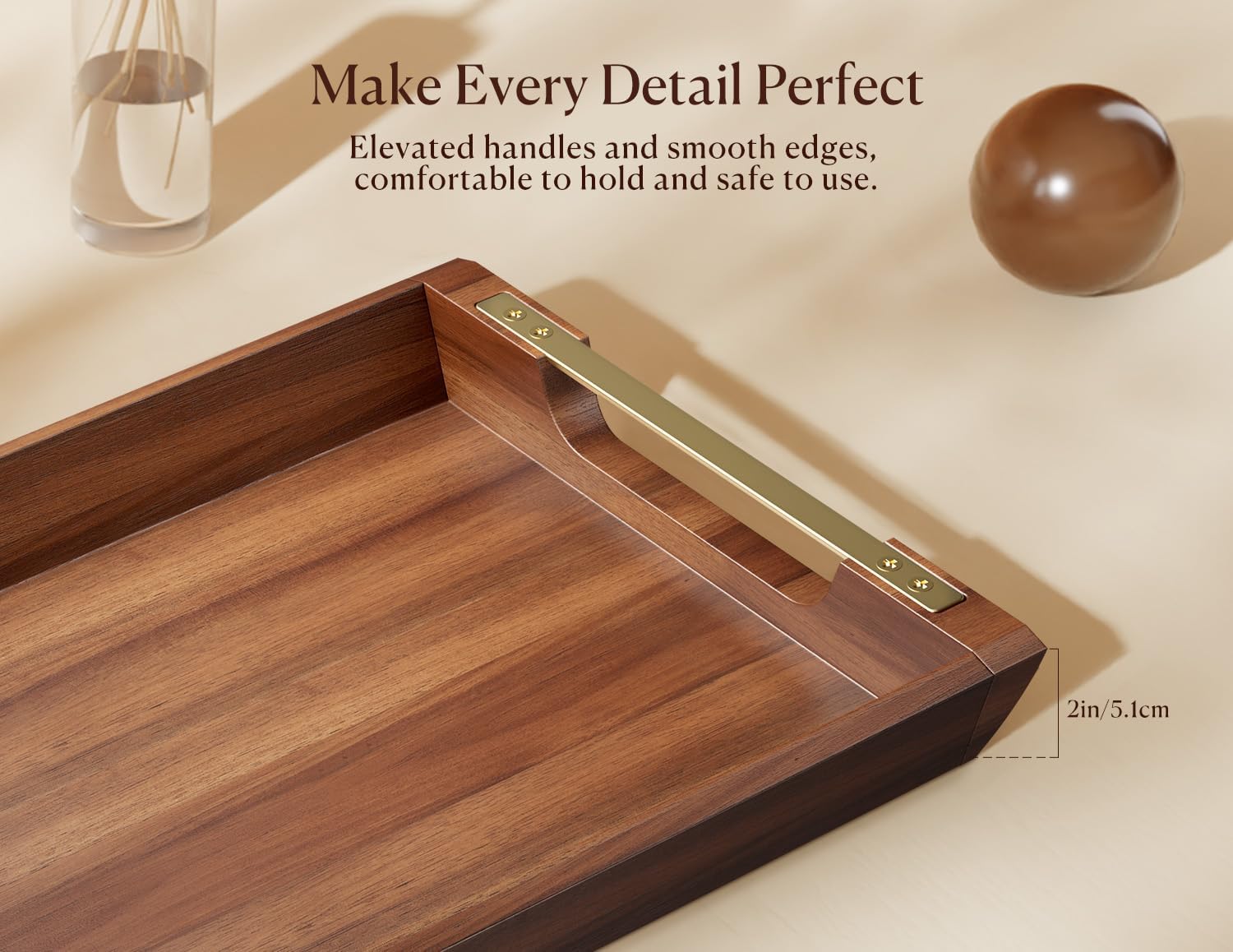 Acacia Wood Serving Tray with Metal Handles, 17x13in Large Ottoman Tray, Food Drinks Tray for Coffee Table, Breakfast, Dinner & Bar, Rustic Decorative Tray for Kitchen, Bedroom Gift Box - Image 6