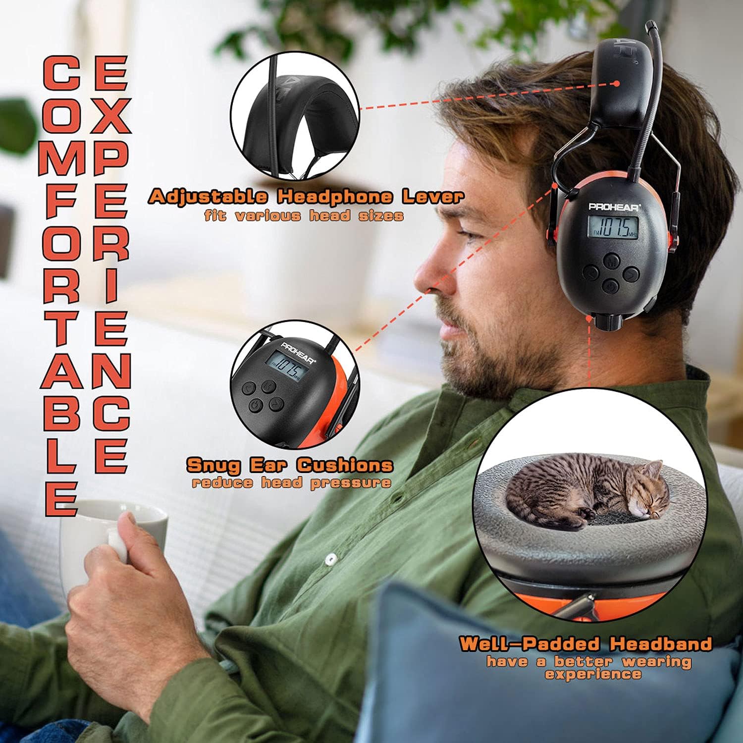 PROHEAR 027 AM FM Radio Headphones with Digital Display, 25dB NRR, Safety Ear Protection Earmuffs for Mowing, Snowblowing, Construction, Work Shops - Orange - Image 5