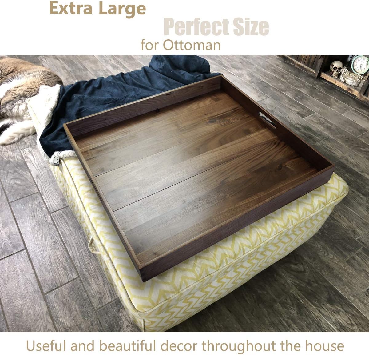 24 x 24 Inches Extra Large Square Black Walnut Wood Ottoman Tray with Handles, Serve Tea, Coffee or Breakfast in Bed, Classic Wooden Decorative Serving Tray - Image 7