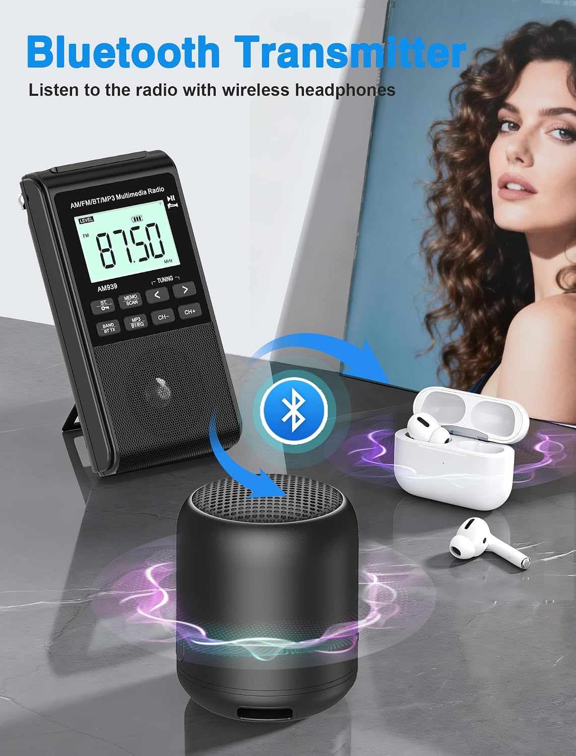 Portable AM FM Radio with Bluetooth Earphone Output & Bluetooth Speaker Mode,1200mAh Rechargeable Radio with Best Reception,5W Big Speaker,LCD Screen,Earphone Jack,Support SD Card and USB for Jogging - Image 2