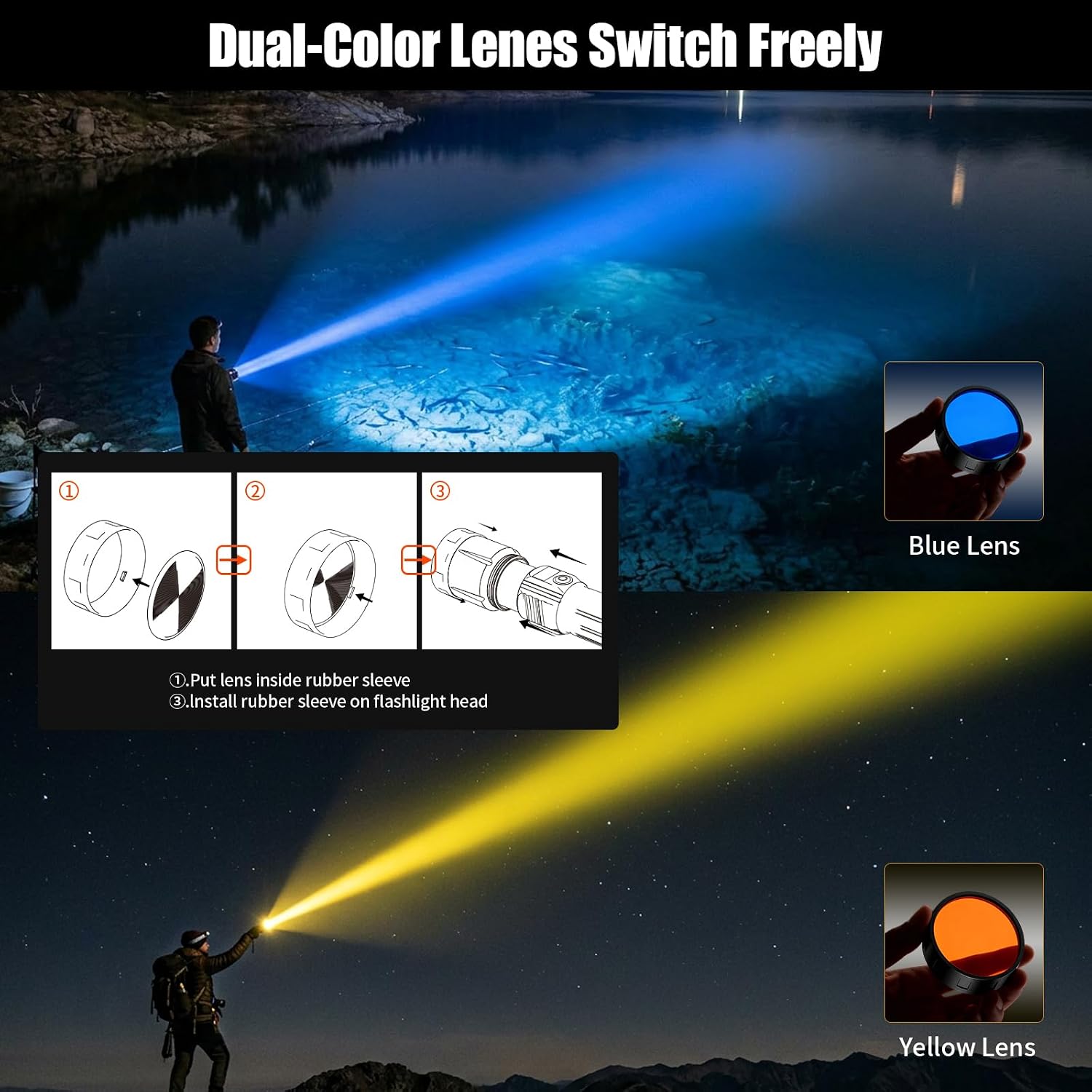 SKYFIRE LED Flashlight 3000lm High Lumens Rechargeable Tactical Flashlight, Ignition Lens & 3 Color Lens, 5 Modes Zoomable Waterproof Flashlight for Camping, Emergency & EDC-Upgraded - Image 2