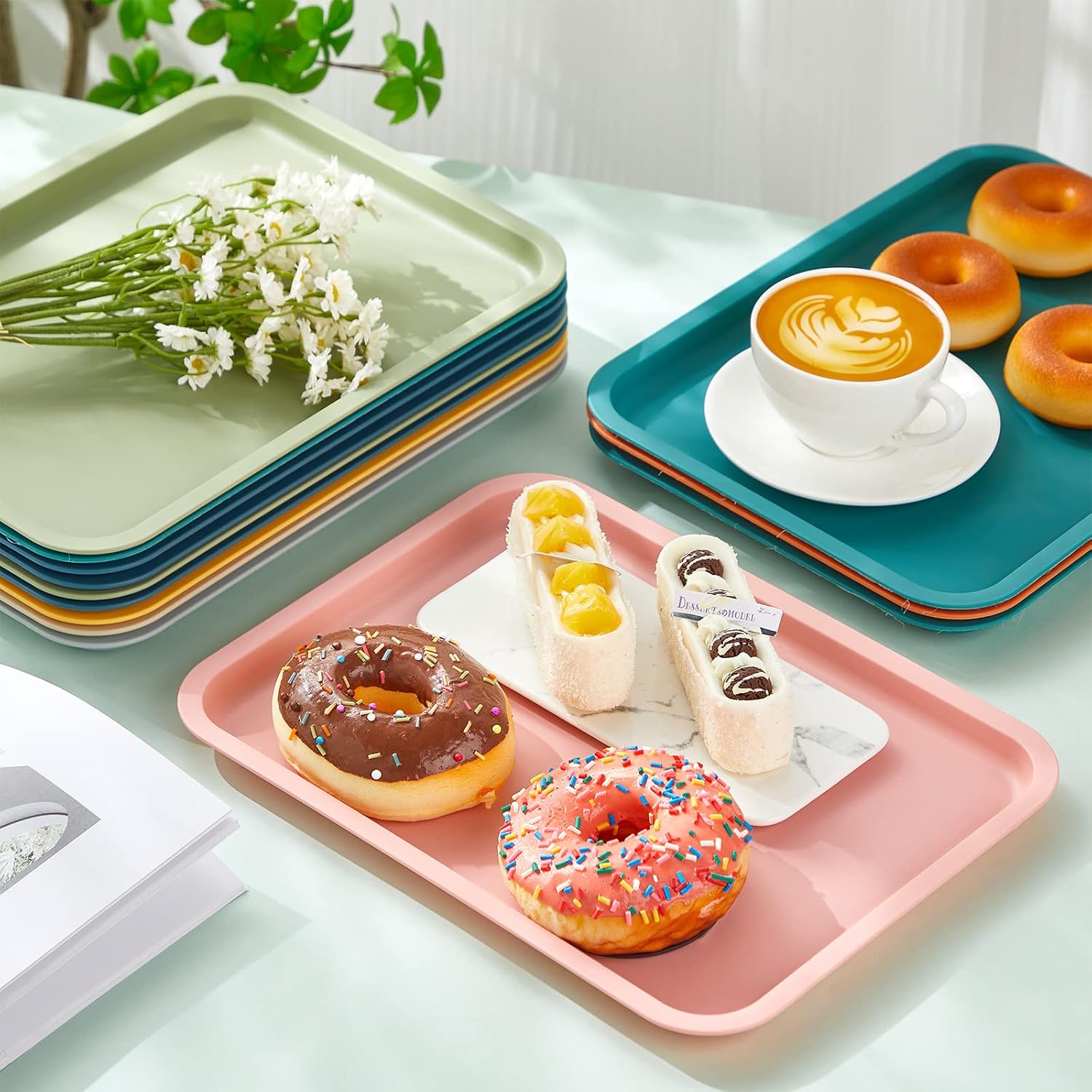 Mumufy 24 Pcs Plastic Fast Food Trays Bulk Colorful Restaurant Serving Trays Cafeteria Rectangular Plastic Serving Platter Grill for Kitchen Restaurant Coffee (Elegant Color) - Image 6