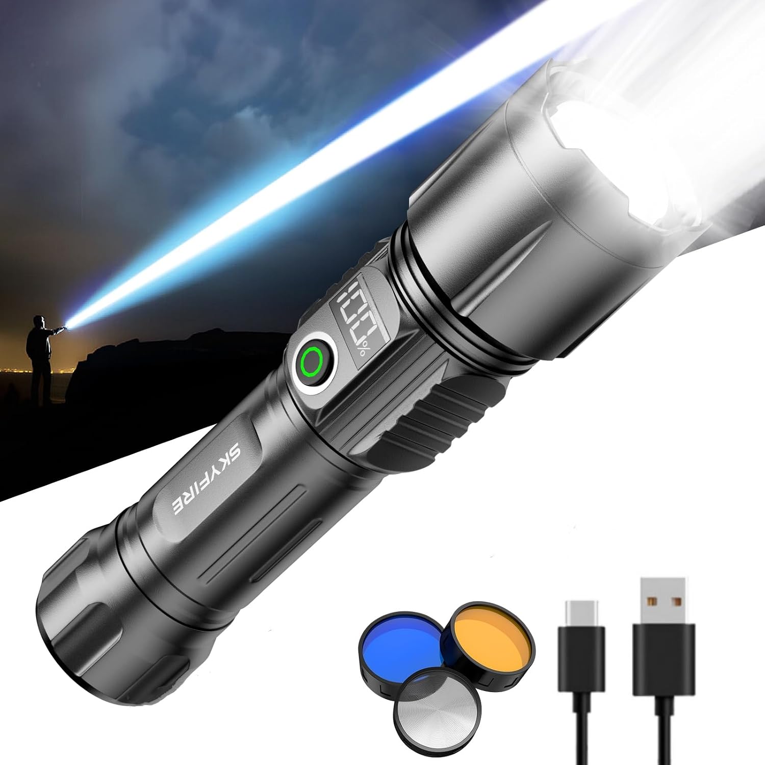 SKYFIRE LED Flashlight 3000lm High Lumens Rechargeable Tactical Flashlight, Ignition Lens & 3 Color Lens, 5 Modes Zoomable Waterproof Flashlight for Camping, Emergency & EDC-Upgraded - Image 7