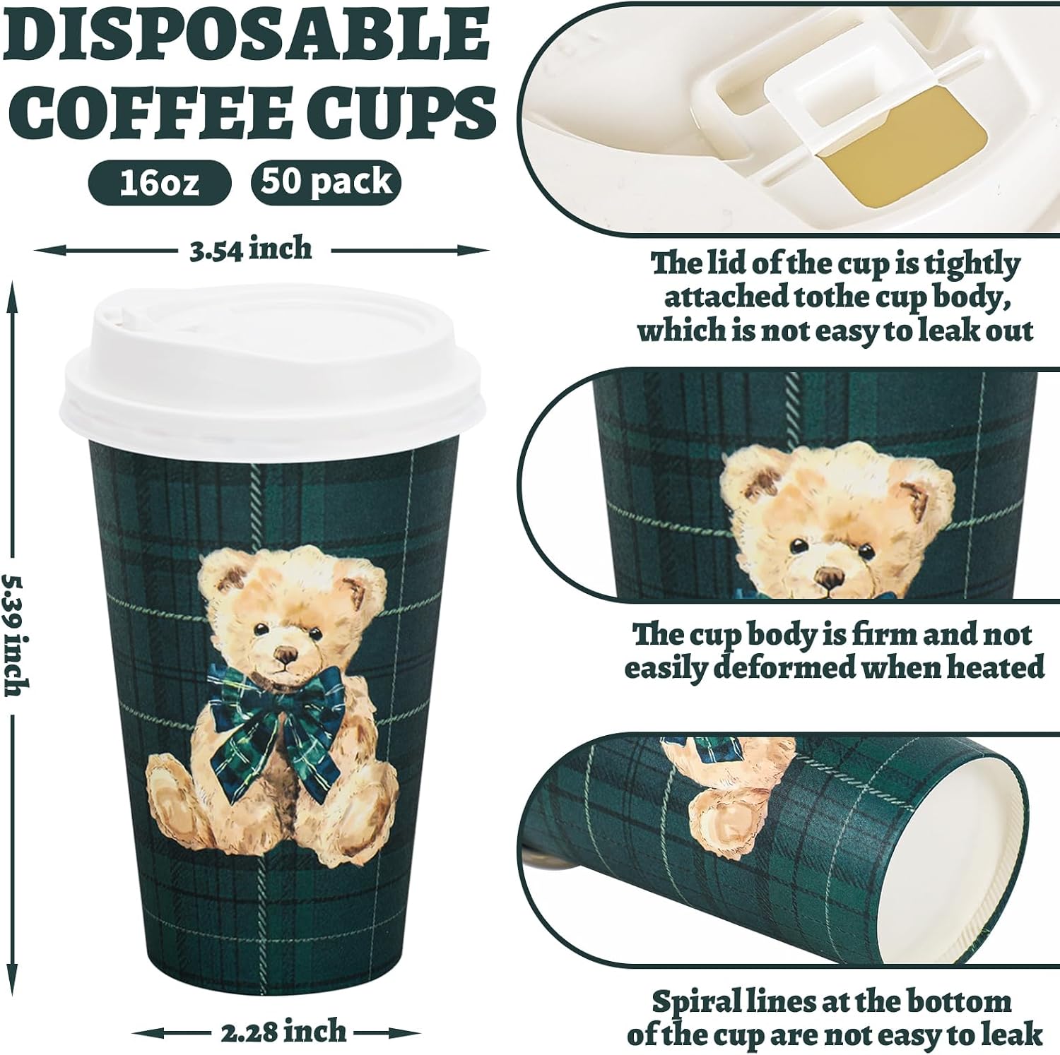 Whaline 50 Sets Tartan Bear Coffee Cups with Lids Sleeves 16 oz We Can Bearly Wait Party Cup Vintage Green Blue Plaids Disposable To Go Cups for Baby Shower Birthday Beverage Hot Chocolate - Image 2