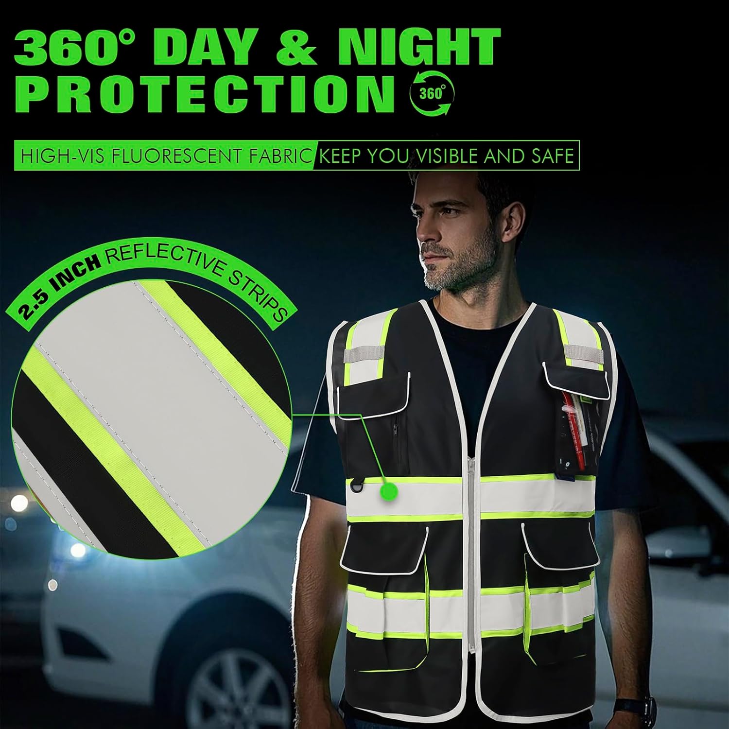 BeautyWill ANSI Certified Custom Logo Safety Vest 8-Pockets Class2 High Visibility Reflective Vest for Men - Personalized Logo Heavy-Duty Work Vest(Black,L) - Image 4
