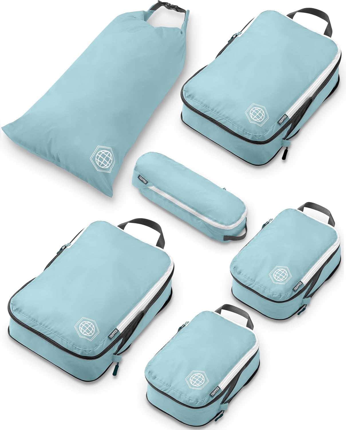 Compression Packing Cubes for Travel, 6-Piece Lightweight Packing Cubes Set for Carry-On Luggage & Backpacks – TRIPPED Travel Gear (Dusty Teal/White)