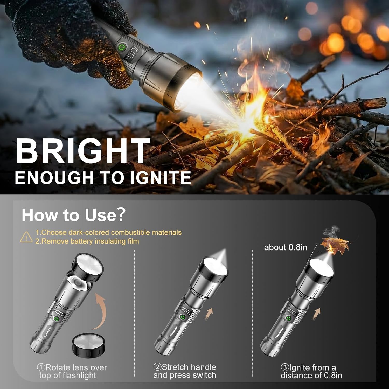 SKYFIRE LED Flashlight 3000lm High Lumens Rechargeable Tactical Flashlight, Ignition Lens & 3 Color Lens, 5 Modes Zoomable Waterproof Flashlight for Camping, Emergency & EDC-Upgraded - Image 3