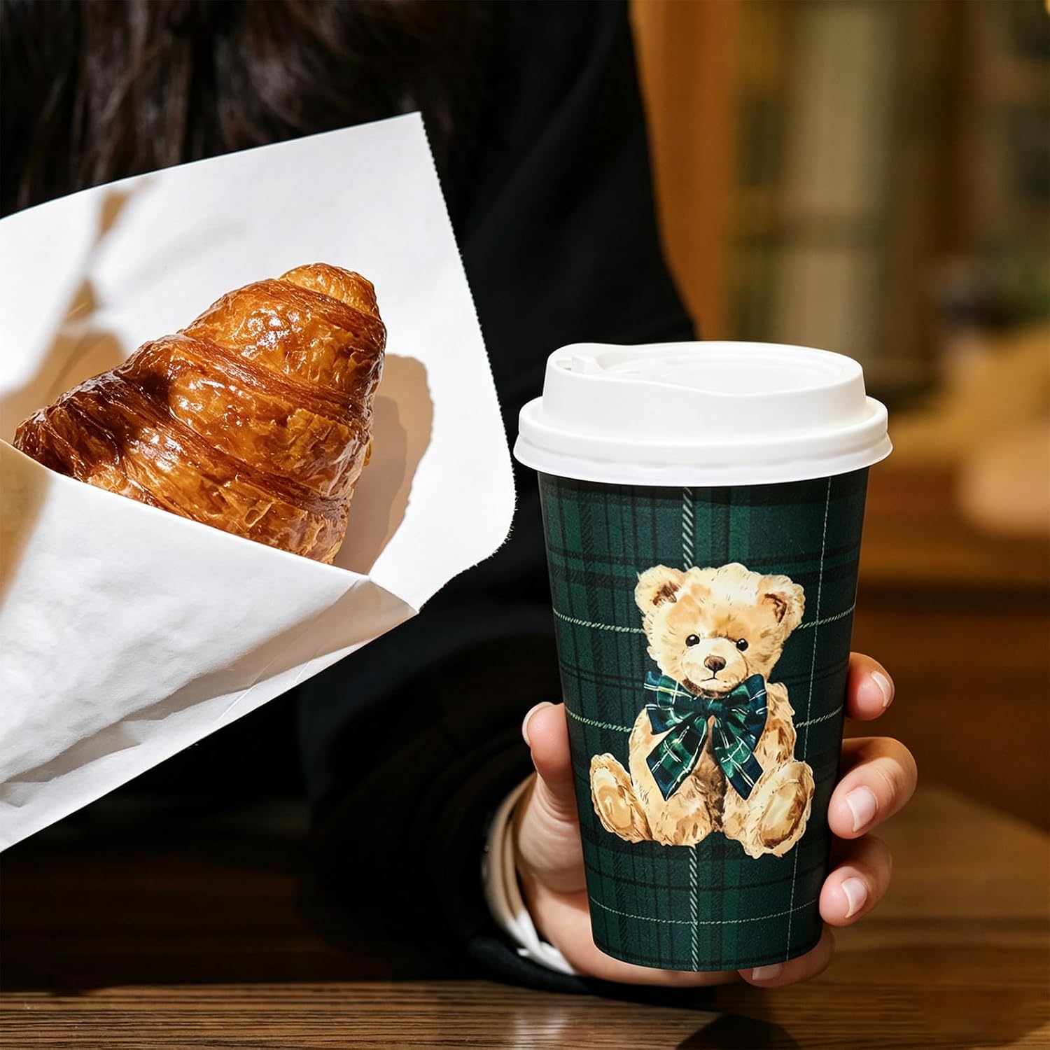 Whaline 50 Sets Tartan Bear Coffee Cups with Lids Sleeves 16 oz We Can Bearly Wait Party Cup Vintage Green Blue Plaids Disposable To Go Cups for Baby Shower Birthday Beverage Hot Chocolate - Image 6