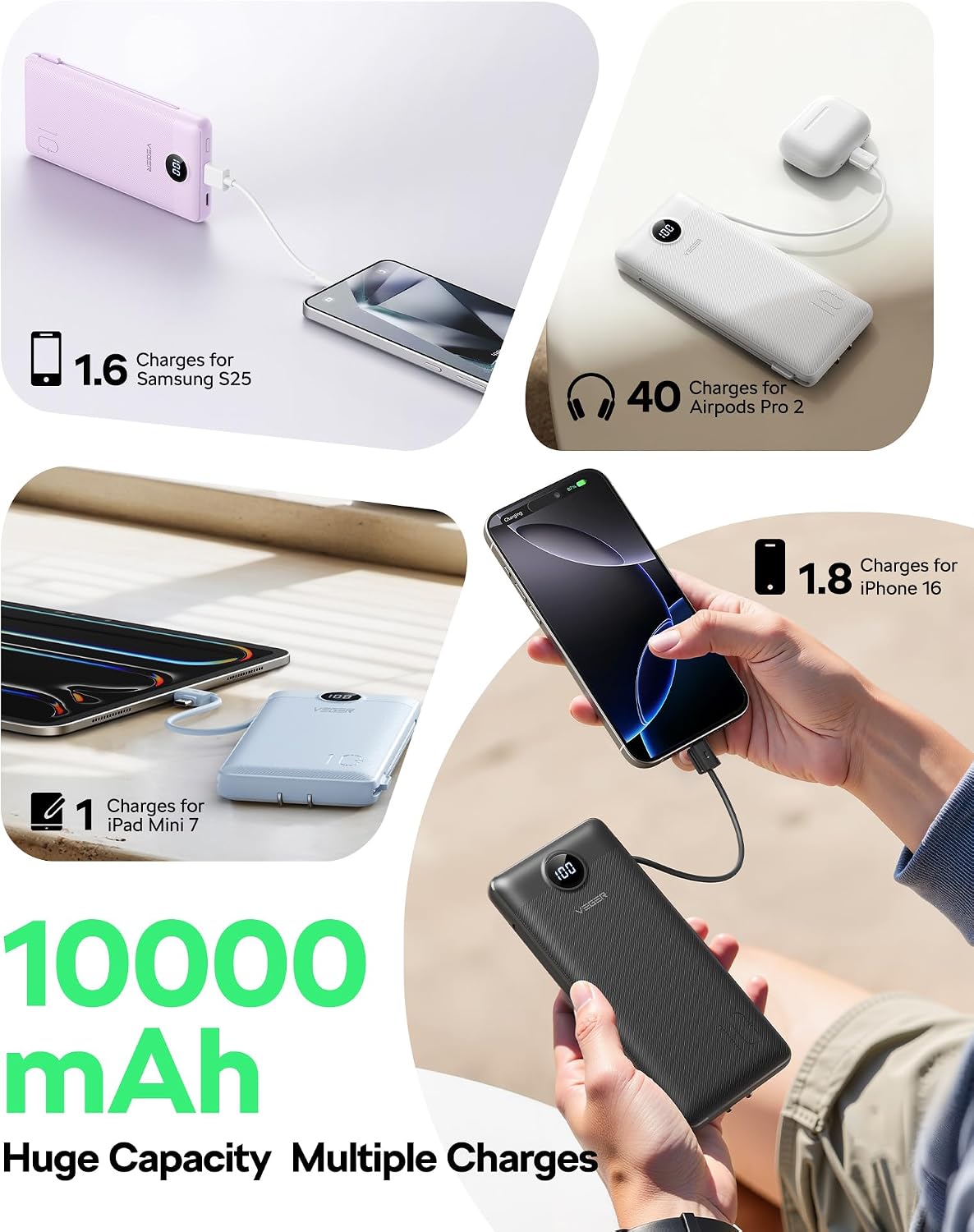 VEGER All in One Travel Portable Charger with Built-in AC Plug & Cables, 10000mAh Slim Power Bank Battery Pack, 15W Fast Charging Compatible with iPhone, Samsung, Android-Black - Image 4
