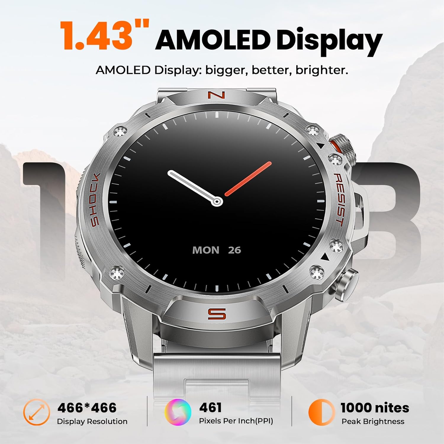 WalkerFit Silver Smart Watch for Men, Stainless Steel Band, 1.43" AMOLED Round Smartwatch, 5ATM Waterproof for Swim Run Hike Cycle, 170+ Sports Modes, Heart Rate SpO2, Sport Watch for iPhone Android - Image 8