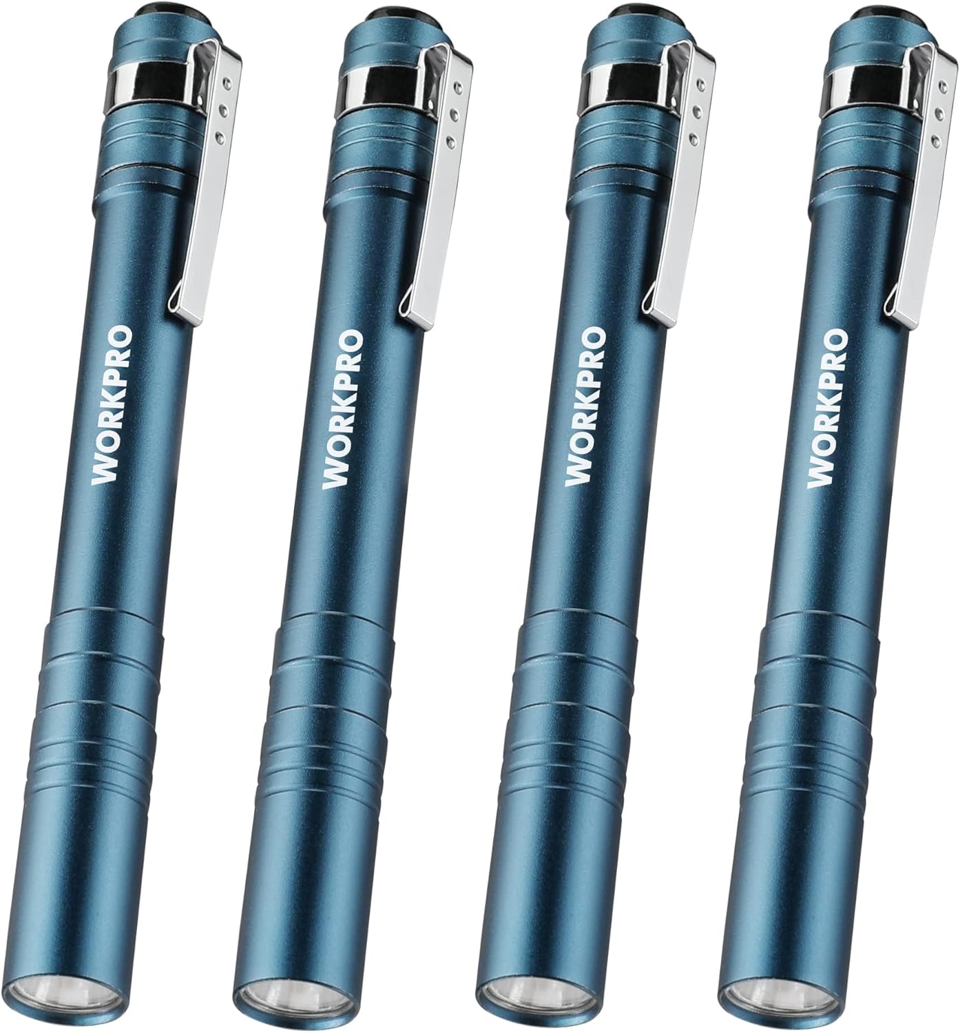 WORKPRO LED Pen Light, Aluminum Pen Flashlights, Pocket Flashlight with Clip for Inspection, Emergency, Everyday, 2AAA Batteries Included, Blue (4-Pack)