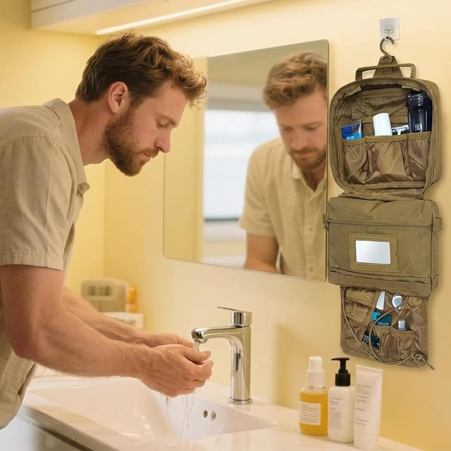 SUNRISING Tactical Travel Toiletry Bag for Men and Women, Hanging Travel Toiletry Organizer Dopp Kit, Toiletries Shaving Hygiene Bathroom Bag,Men's Toiletry Bag for Short Trips Camping - Khaki - Image 2