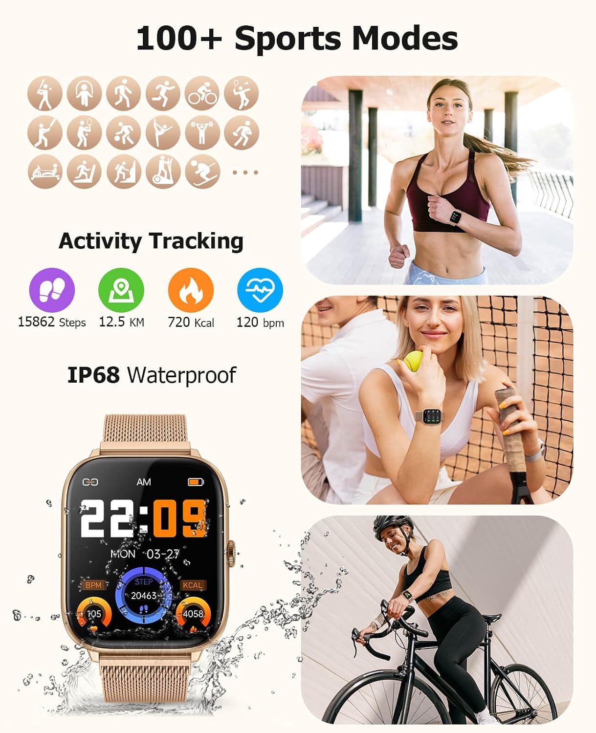 Smart Watch for Women with Blood Pressure Monitor, 2.06" AMOLED Display, IP68 Waterproof Fitness Tracker, 118 Sports Modes, Heart Rate/SpO2/Sleep Monitor, Gift for Her, Compatible with Android iPhone - Image 7