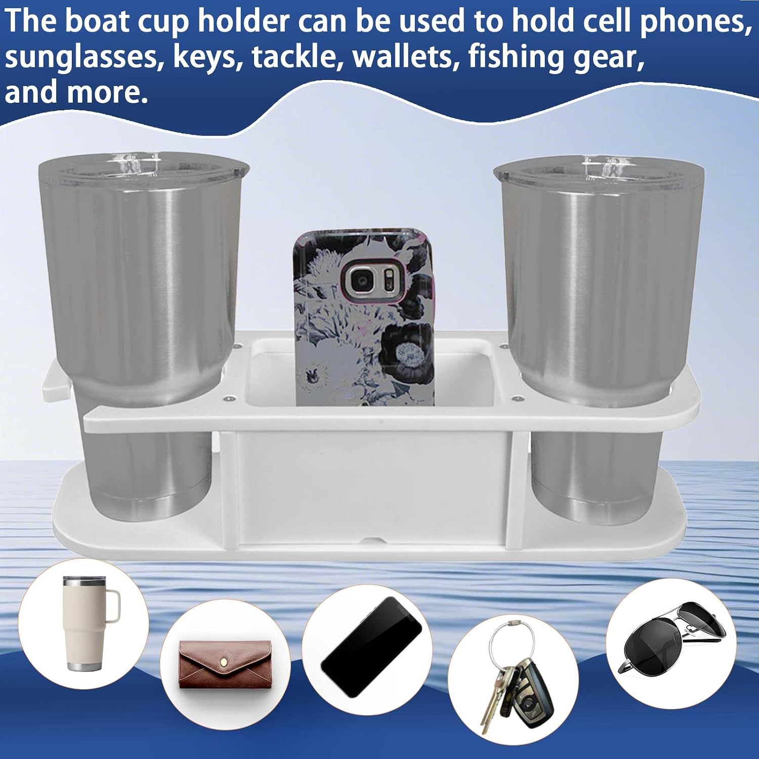 Marine Cup Holder with Storage - Reinforced Stainless Steel Core (Anti-Warp) - Heavy Duty Boat Console Organizer Caddy - Fits Mugs, Tumblers & Phones - Drill-Free Adhesive or Screw Mount - Image 4