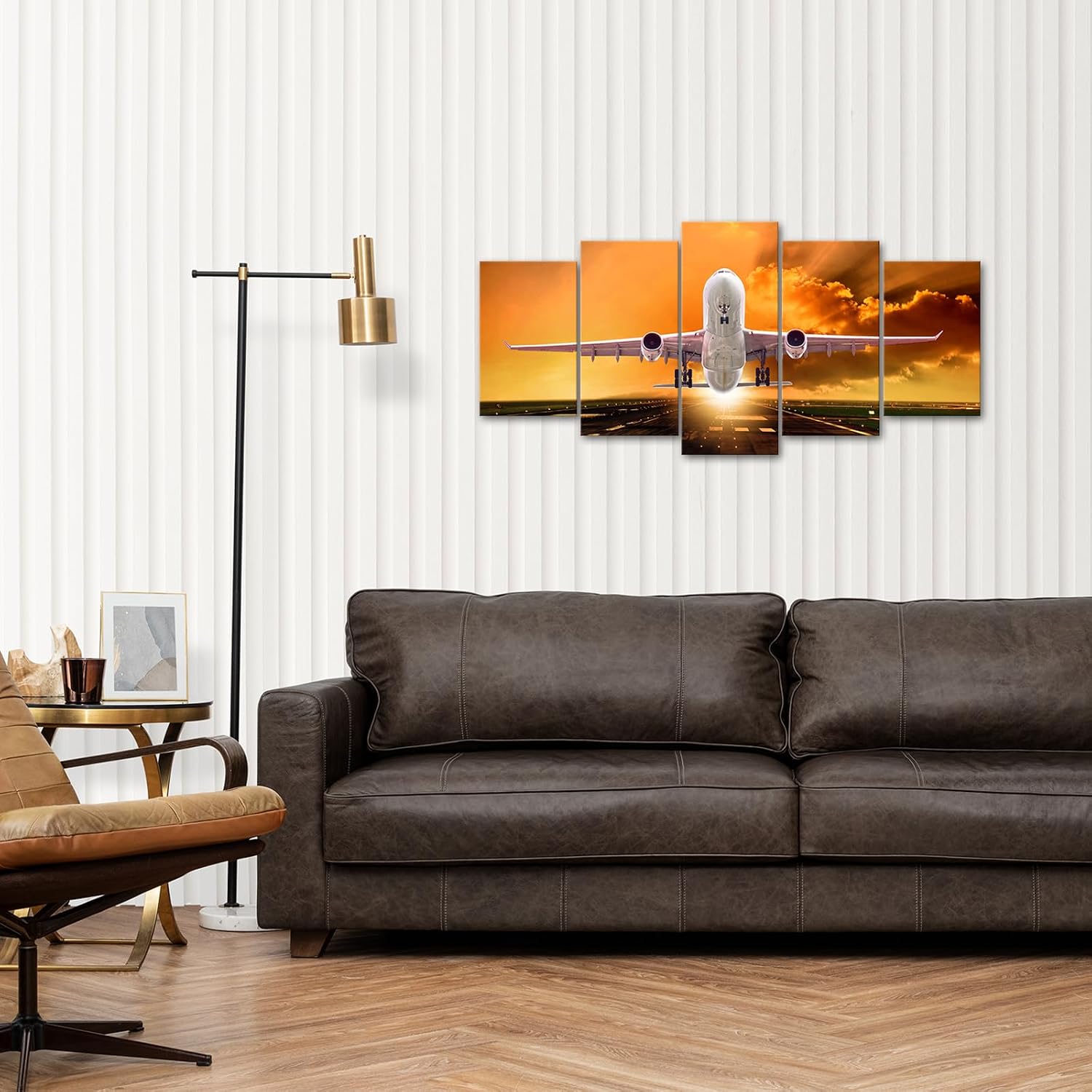 Muzenso 5 Panel Canvas Prints Airplane Sunset Wall Art Passenger Jet Taking Off Canvas Painting Aviation Artwork for Living Room Bedroom Office Pilot Studio Home Decor Stretched Ready to Hang - Image 3