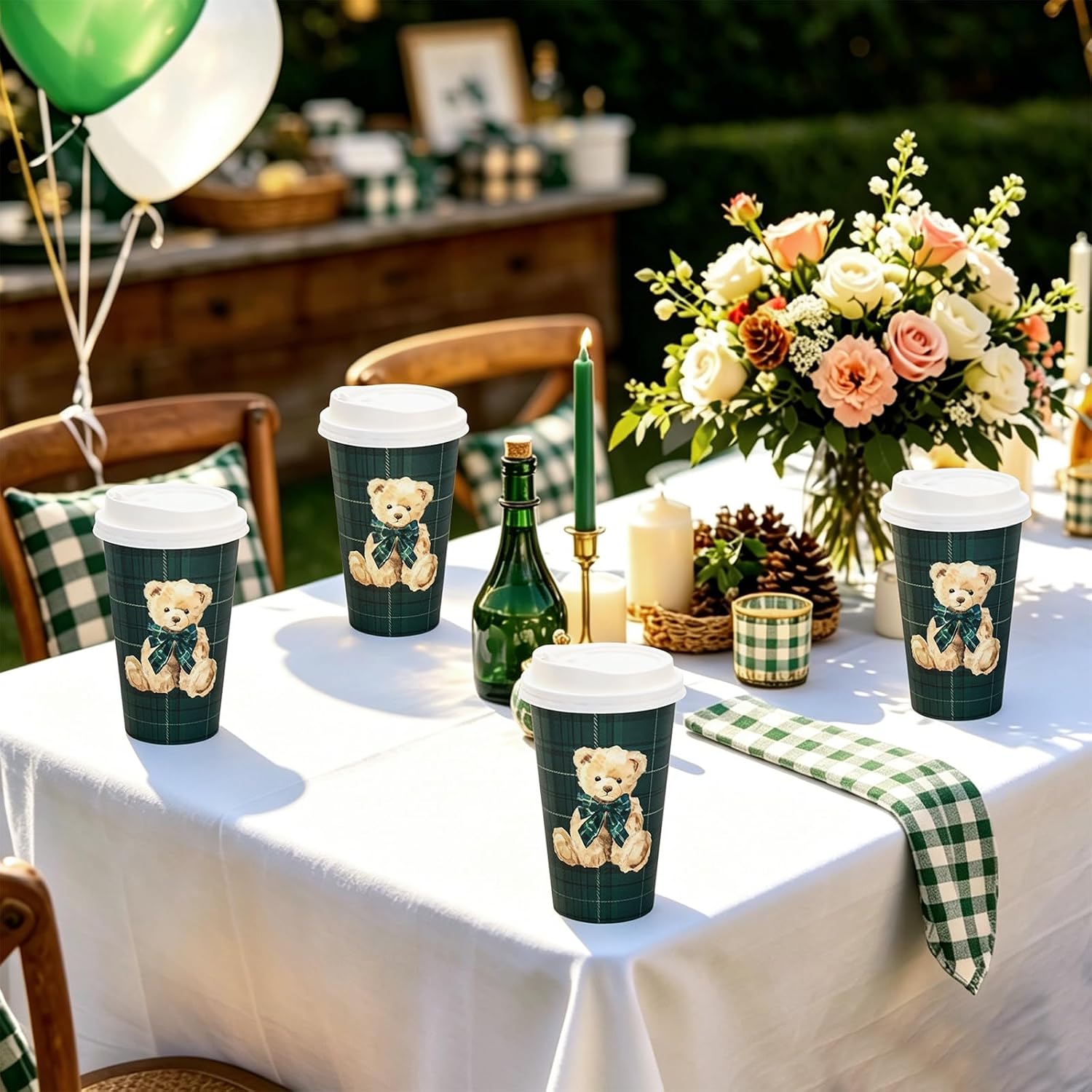 Whaline 50 Sets Tartan Bear Coffee Cups with Lids Sleeves 16 oz We Can Bearly Wait Party Cup Vintage Green Blue Plaids Disposable To Go Cups for Baby Shower Birthday Beverage Hot Chocolate - Image 5
