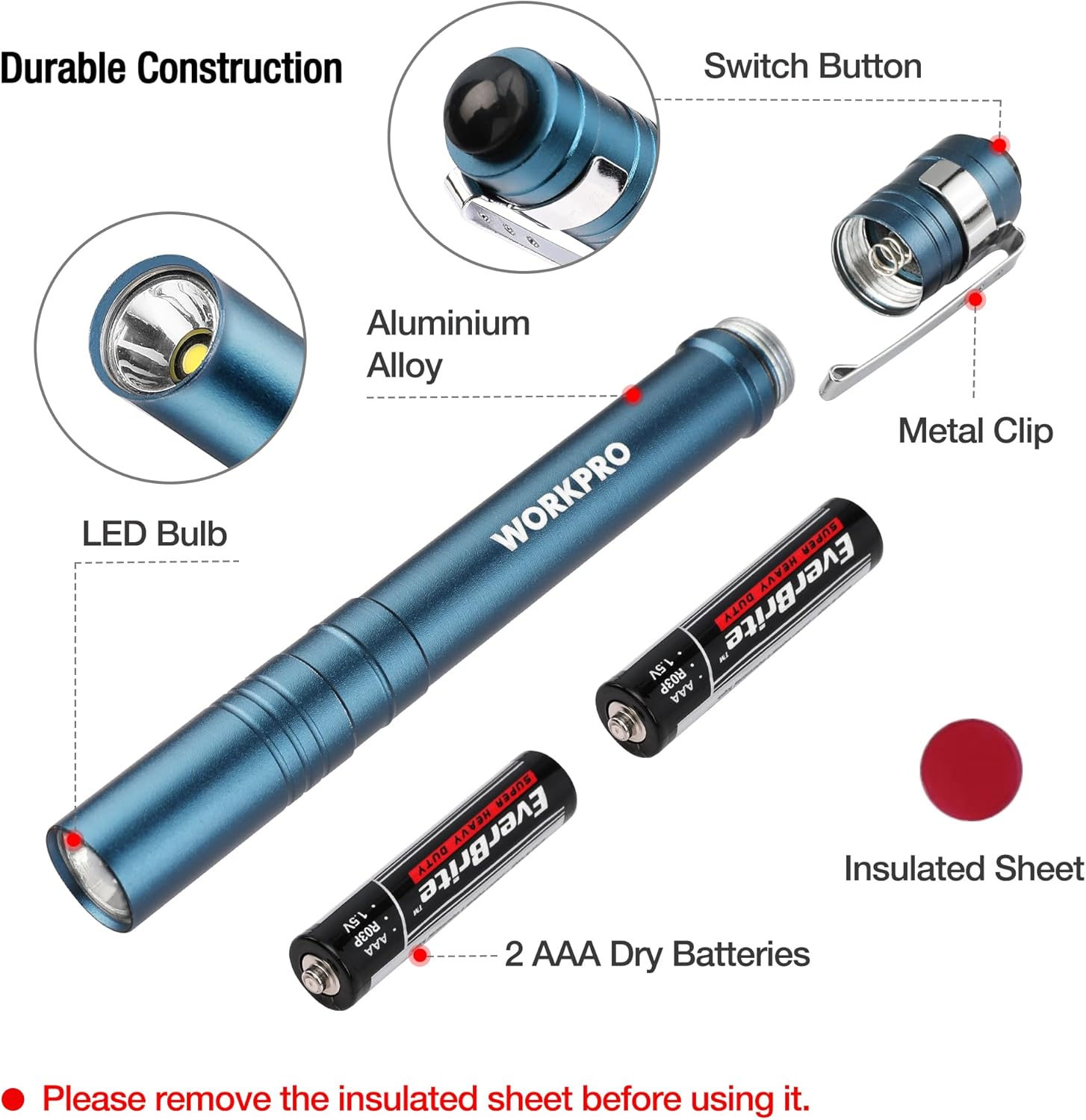 WORKPRO LED Pen Light, Aluminum Pen Flashlights, Pocket Flashlight with Clip for Inspection, Emergency, Everyday, 2AAA Batteries Included, Blue (4-Pack) - Image 4