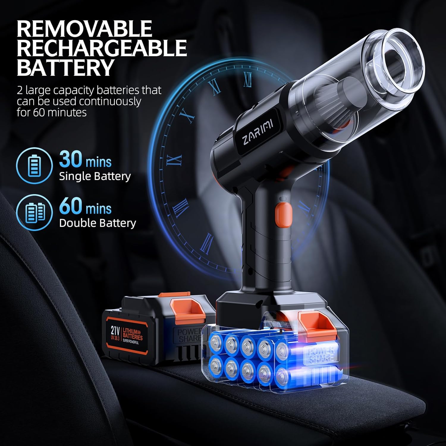 Portable Cordless Car Vacuum - 50,000Pa High-Power Brushless Motor, Rechargeable Handheld Vacuum Cleaner with 2 Batteries & Charger, 6-in-1 Vacuum Cleaners for Home, Keyboard, Pet Hair, Black - Image 3
