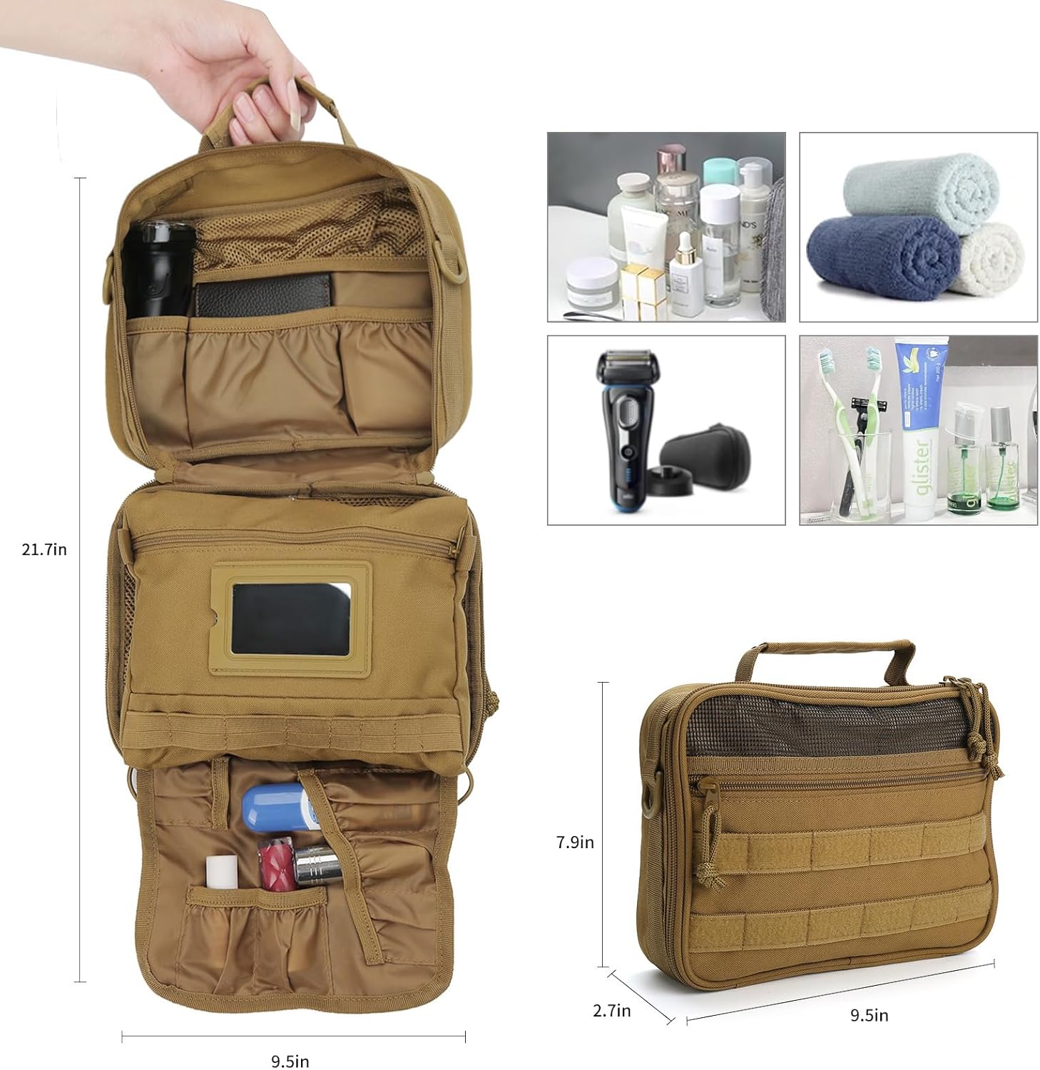 SUNRISING Tactical Travel Toiletry Bag for Men and Women, Hanging Travel Toiletry Organizer Dopp Kit, Toiletries Shaving Hygiene Bathroom Bag,Men's Toiletry Bag for Short Trips Camping - Khaki - Image 3