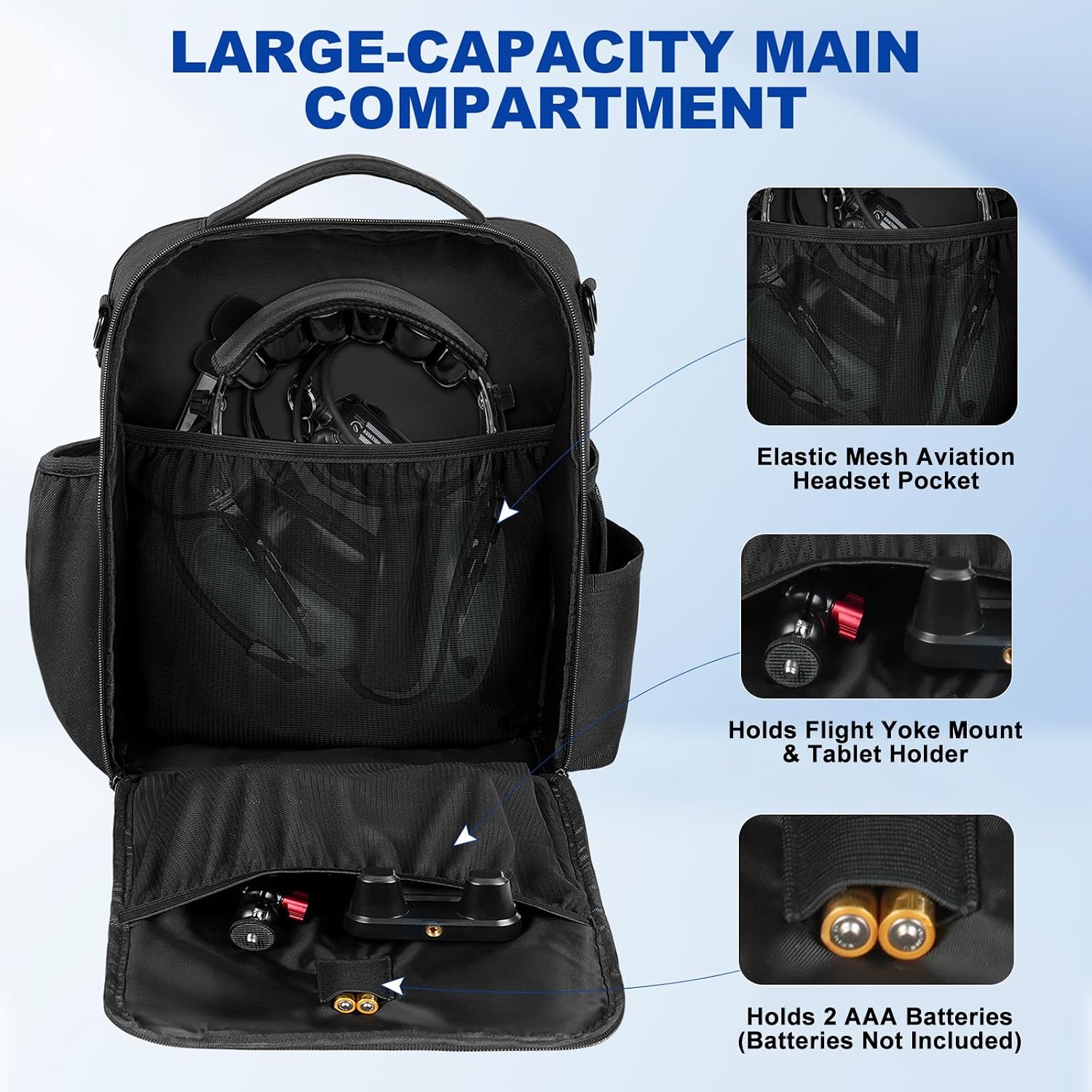Pilot Bag,Aviation Headset Bag,Flight Bags for Pilots, Multiple Pockets for 15" Laptop,Aviation Plotter,Glasses,Flight Computer,with Shoulder Strap,Gift for Pilots (Black) - Image 3