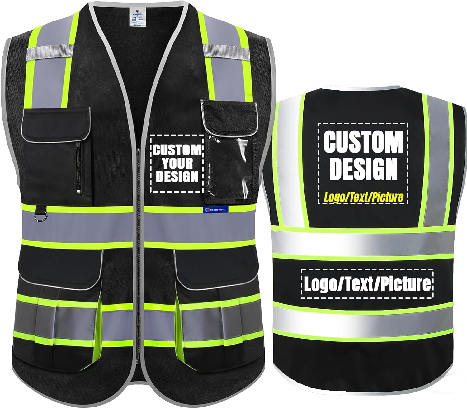 BeautyWill ANSI Certified Custom Logo Safety Vest 8-Pockets Class2 High Visibility Reflective Vest for Men - Personalized Logo Heavy-Duty Work Vest(Black,L)