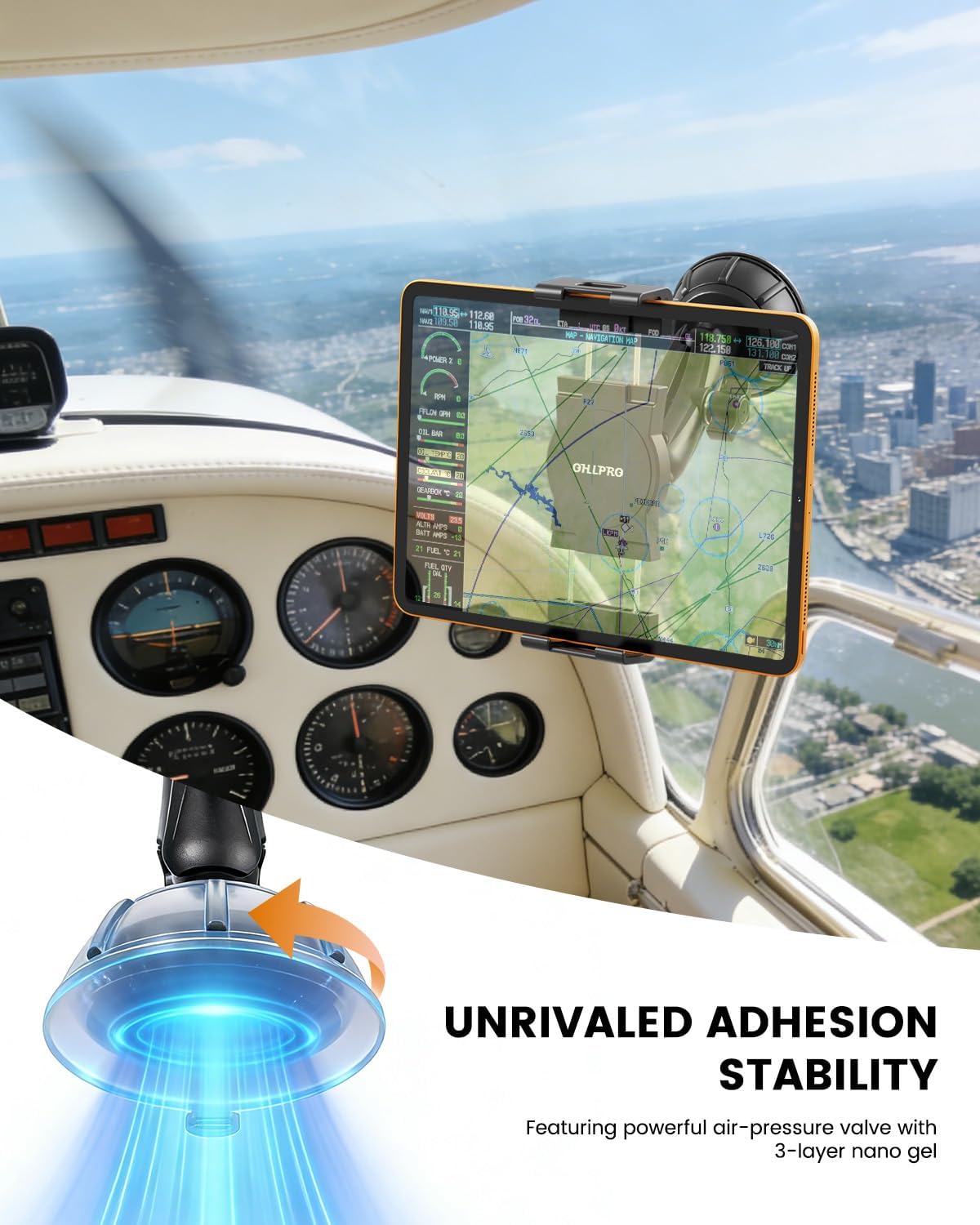 OHLPRO Tablet Holder for Pilot Aircraft Windshield, Anti-Vibration Suction Cup Aviation Mount, Fits 5-13" iPad Pro 12.9, Mini 6, Air & Thick Cases, Heavy Duty for Car Dashboard, Cockpit, Truck - Image 3