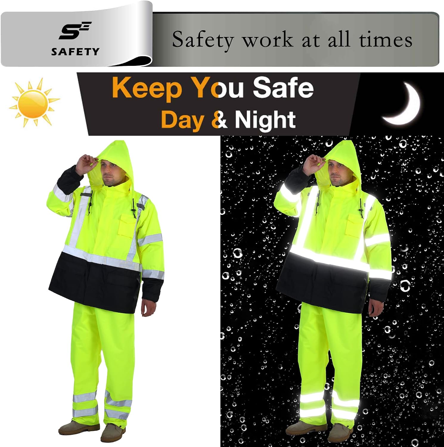 sesafety Hi Vis Rain Jacket, Rain Suits for Men Waterproof withBlack Bottom, Rain Coats for Men Interior Mesh, Class 3 HighVisibility Rain Gear,Removable Hood - Image 3
