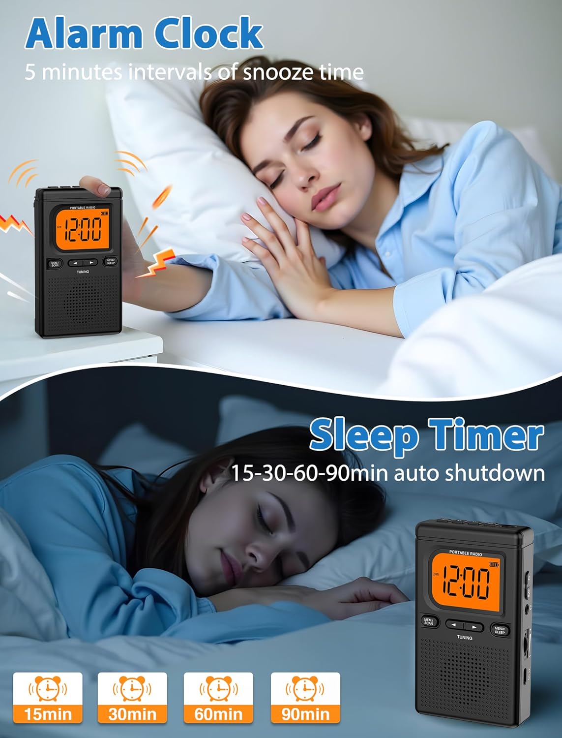 2000mAh Rechargeable AM FM Radio with Bluetooth Portable Transistor Pocket Radio with Best Reception Digital Tuning, Flashlight,LCD Screen,Earphone Jack, Sleep Timer and Alarm Clock for Jogging - Image 6