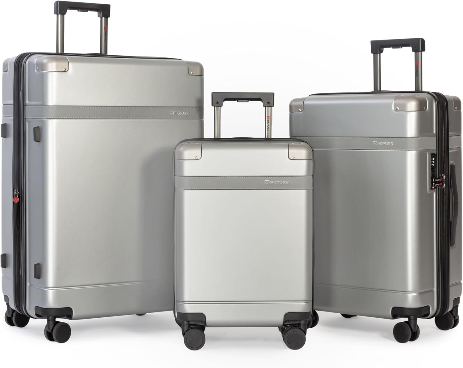 SKROSS Apex 3 Piece Hardside Luggage Set: 28 Inch Large Suitcase, 24 Inch Medium Checked Travel Luggage & 20 Inch Carry On Luggage. Hardshell Suitcases with Spinner Wheels (Silver)