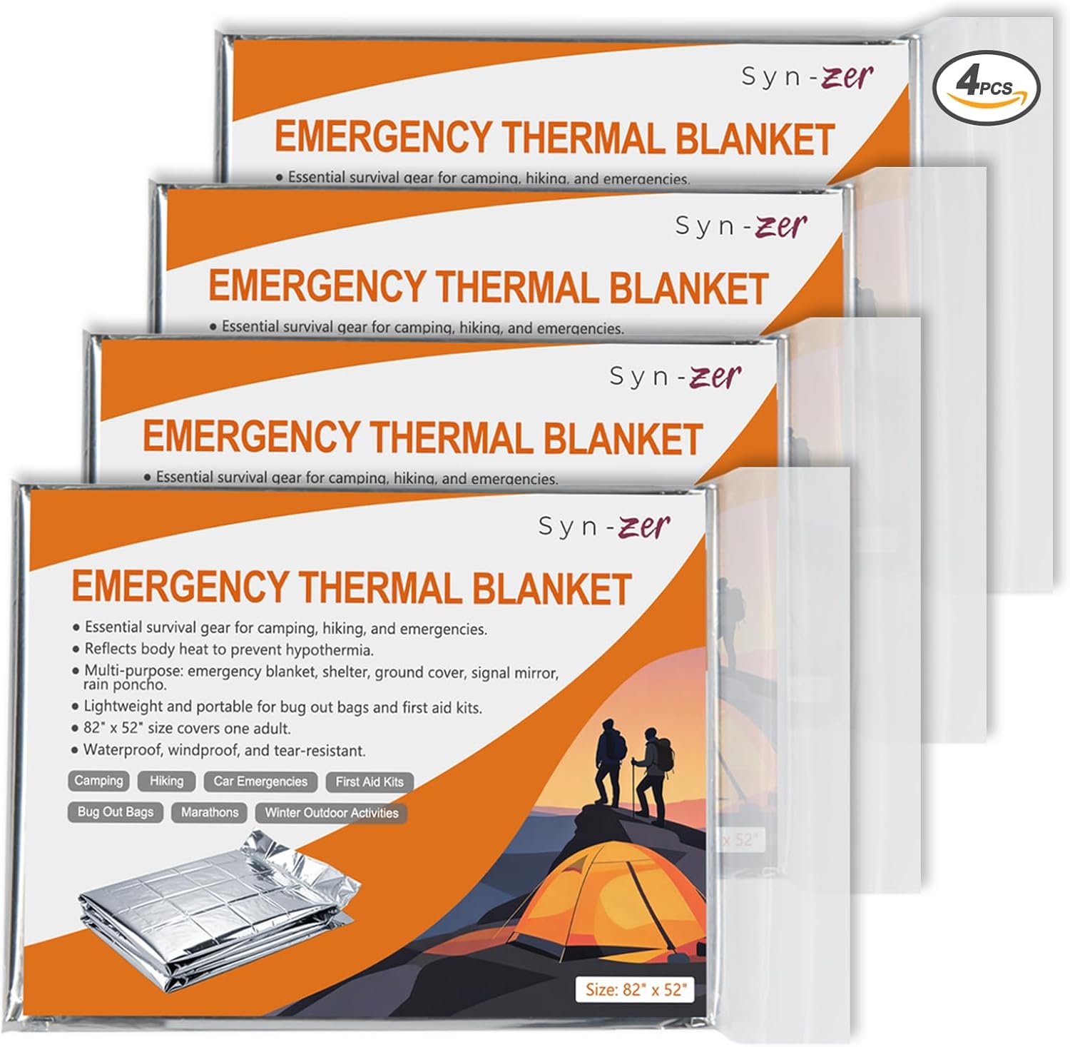 Syn-zer Emergency Mylar Thermal Blankets 4-Pack – 82"x52" Space Blankets for Camping, Hiking, First Aid, Car Emergency, Bug Out Bag, and Cold Winter Outdoor Activities