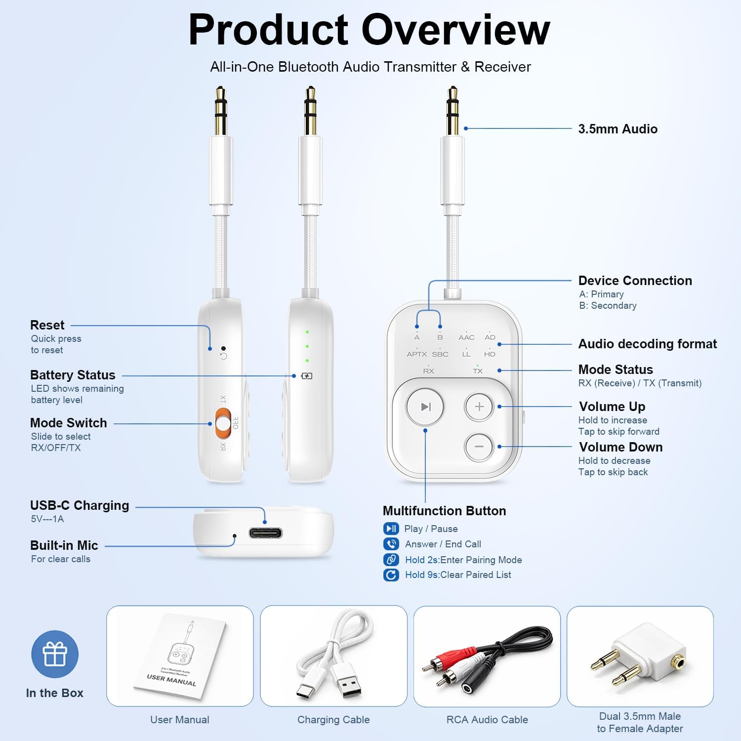 2026 Pro Bluetooth 6.0 Audio Transmitter Receiver | Bluetooth Adapter for TV/Airplane/Gym/Car/Home Stereo to Wireless Headphones,Stable Connection, Clear Sound & Low Latency, Dual Link & 33FT Range - Image 9