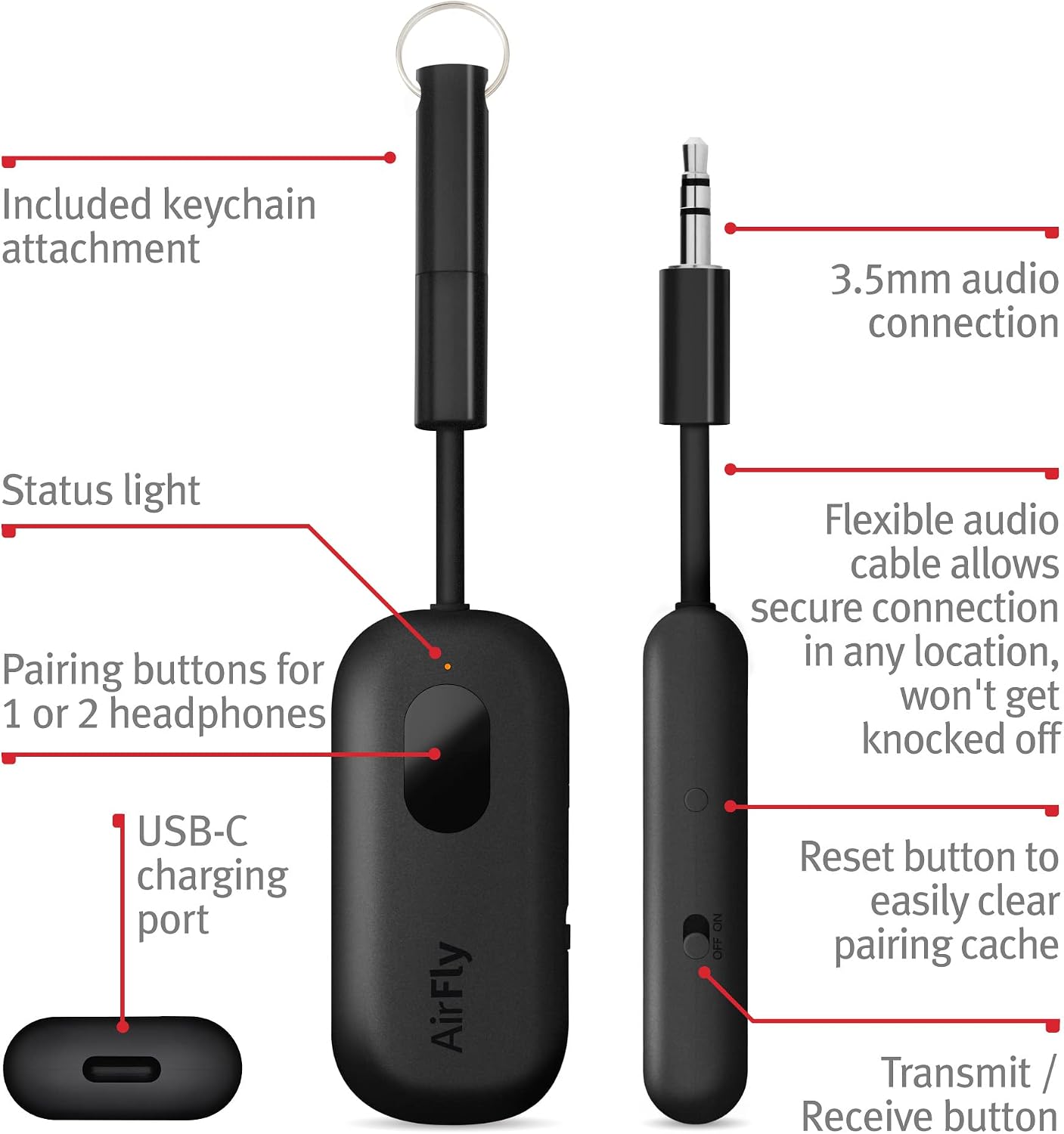 Twelve South AirFly Pro Bluetooth Wireless Audio Transmitter/Receiver for up to 2 AirPods/Wireless Headphones; Use with Any 3.5 mm Audio Jack, Black - Image 4