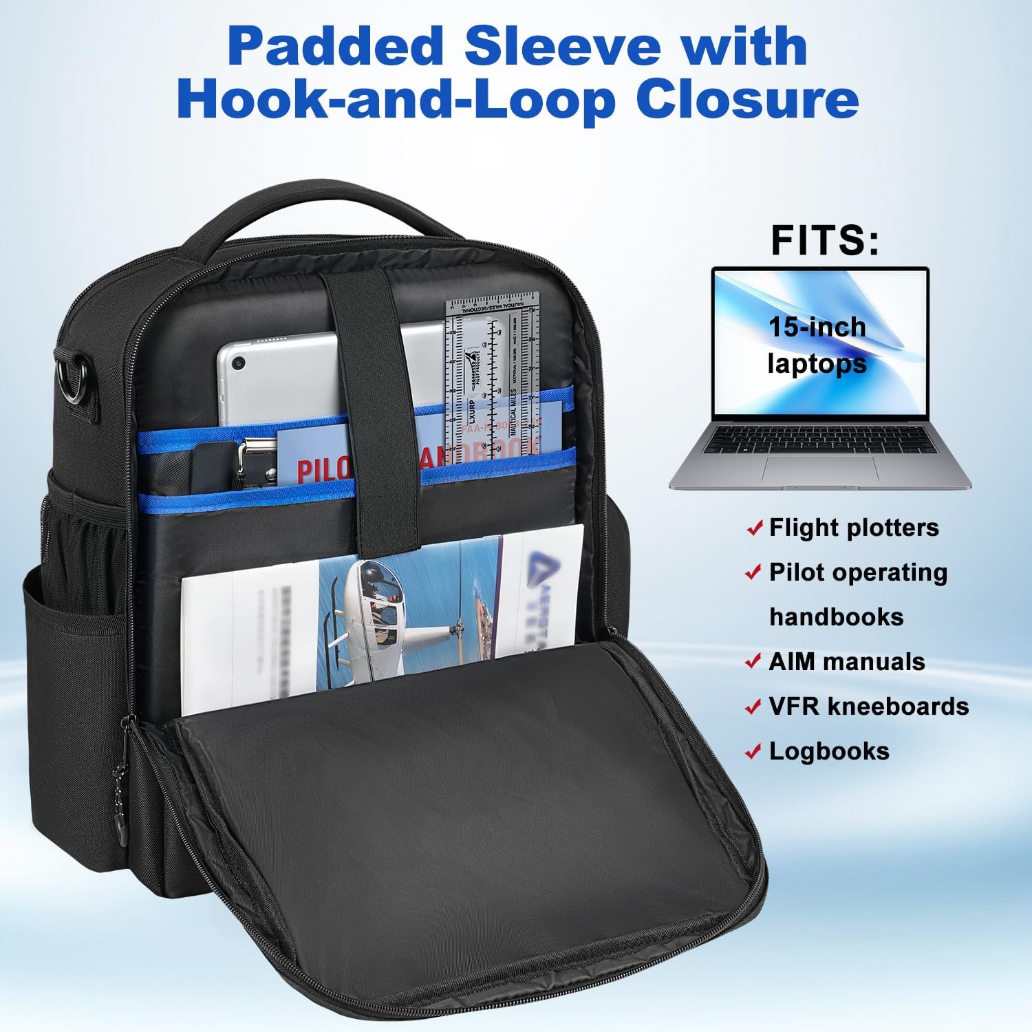 Pilot Bag,Aviation Headset Bag,Flight Bags for Pilots, Multiple Pockets for 15" Laptop,Aviation Plotter,Glasses,Flight Computer,with Shoulder Strap,Gift for Pilots (Black) - Image 6