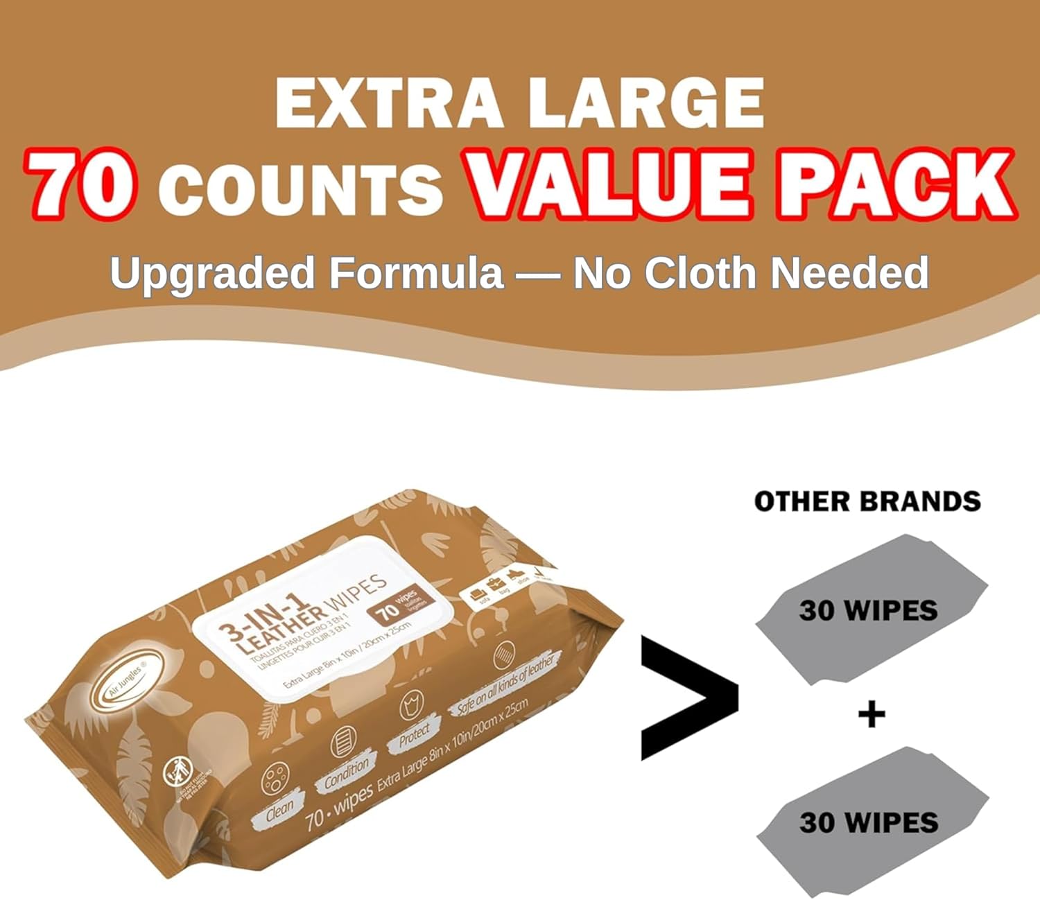 Air Jungles 3in1 Leather Cleaner Wipes 70 Count, Extra Large 8" x 10" Size, Clean Condition Protect Wipes for Vinyl and Leather Apparel Furniture Auto Car Interior Shoes Boots Bags - Image 6