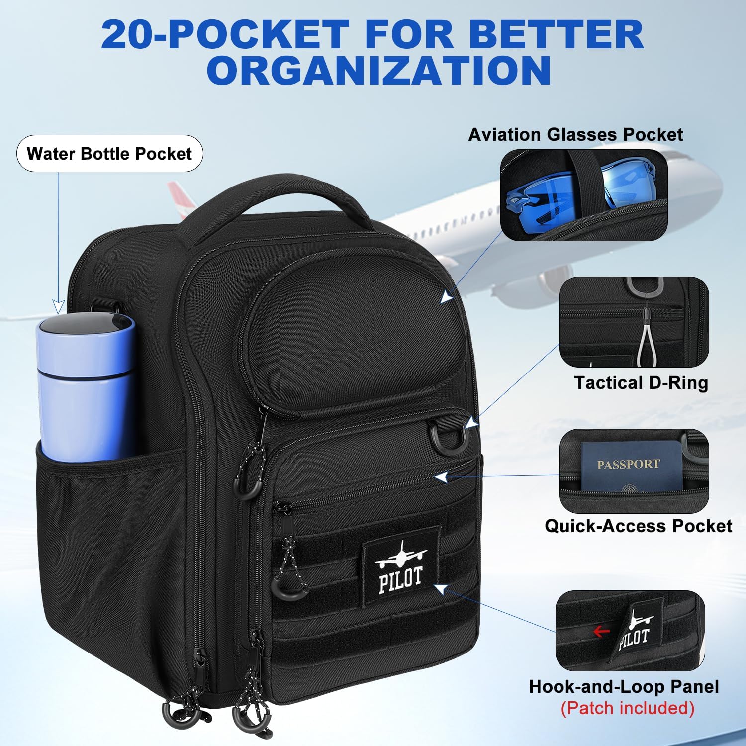 Pilot Bag,Aviation Headset Bag,Flight Bags for Pilots, Multiple Pockets for 15" Laptop,Aviation Plotter,Glasses,Flight Computer,with Shoulder Strap,Gift for Pilots (Black) - Image 4