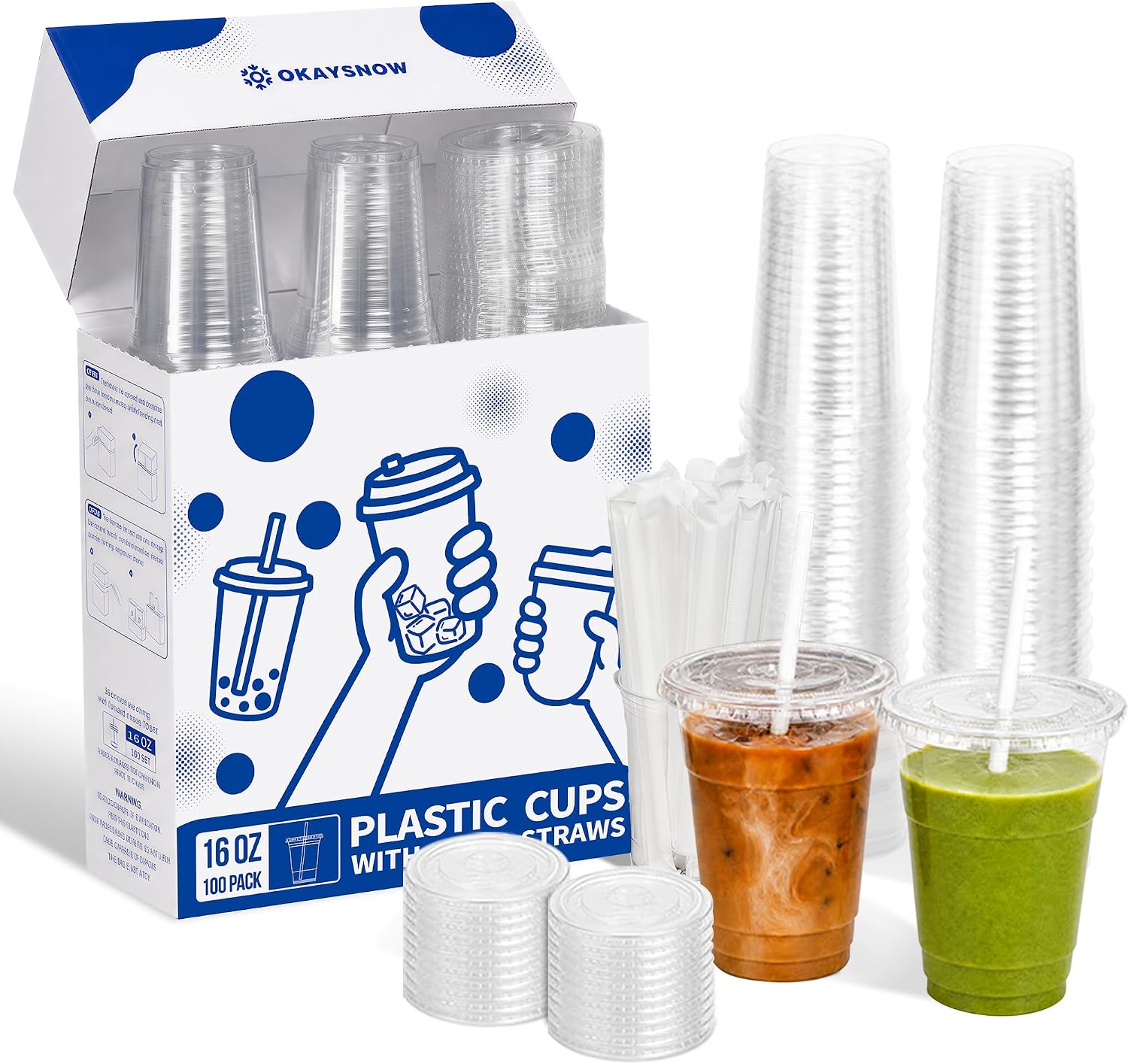 100 Pack 16 oz Clear Plastic Cups with Lids and Straws, Organized Dispenser Box, Heavy Duty Disposable Iced Coffee Cups, Crystal Clear Smoothie To Go Cups, PET, BPA Free - Image 2
